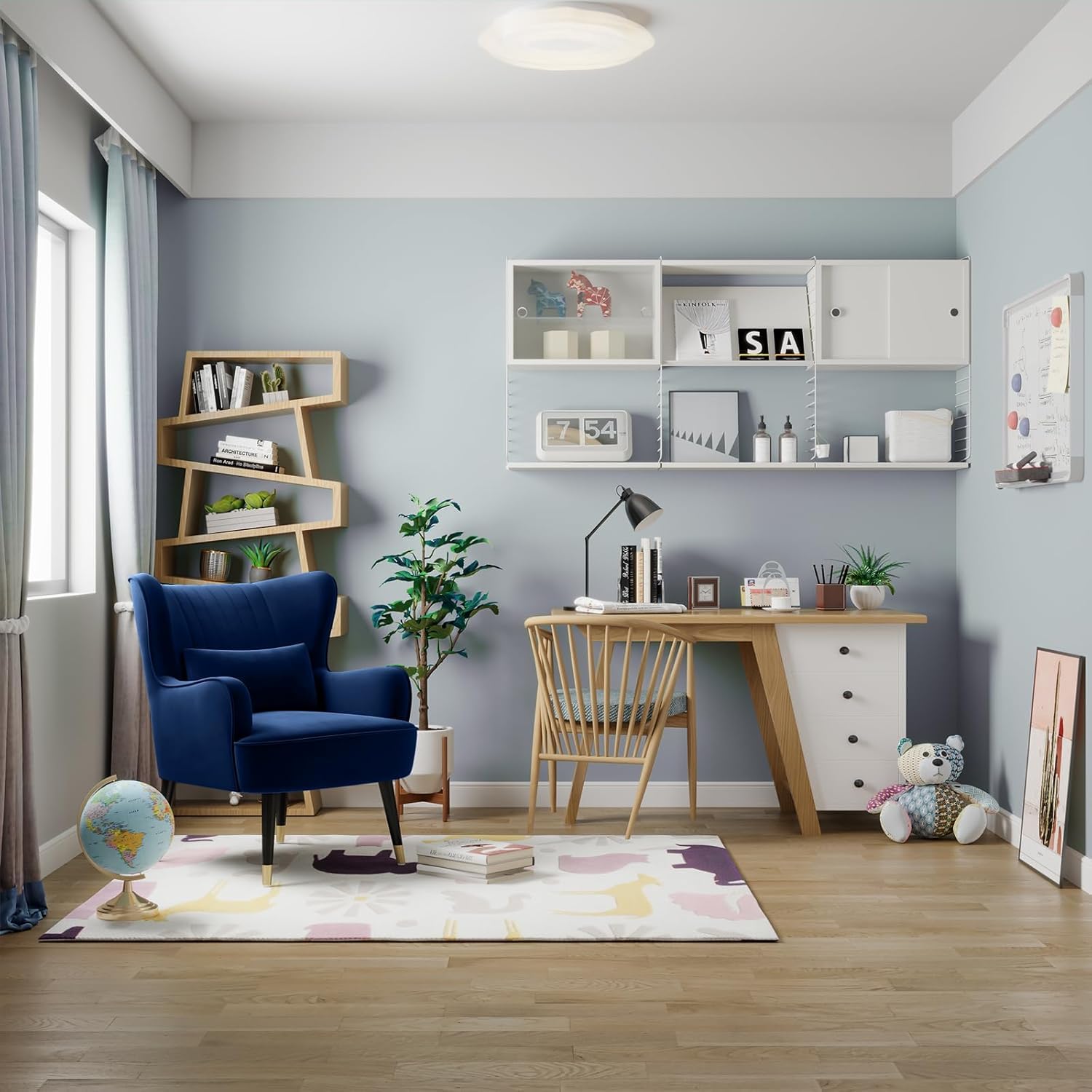 Vesgantti Samt Sessel, Moderne Relaxsessel mit Holzbein, Loungesessel mit Armlehnen, Ohrensessel für Wohnzimmer Schlafzimmer (Blau, Ohne Fußhocker)