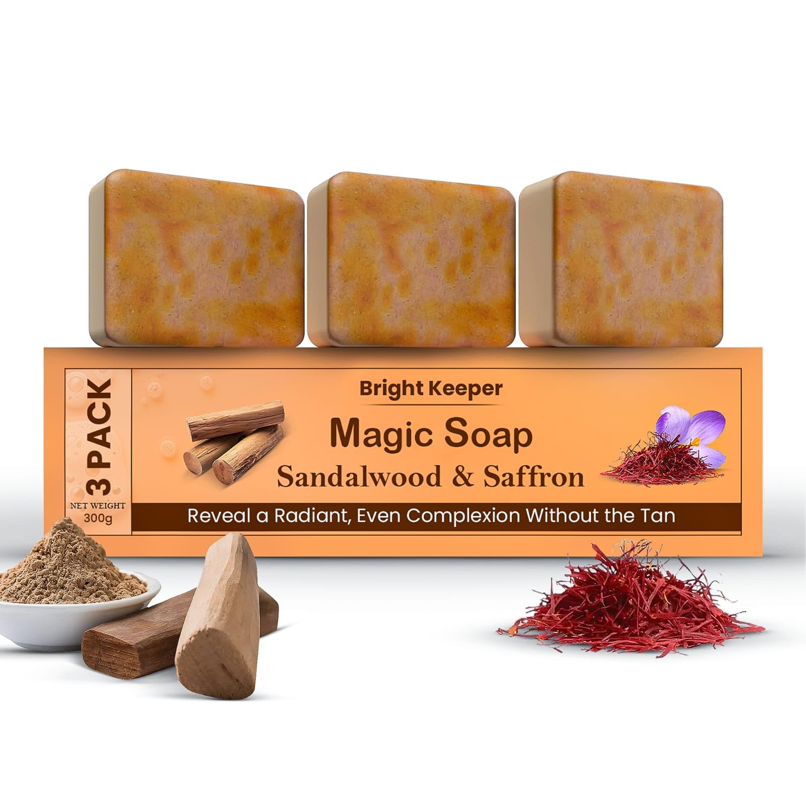 Magic Soap Tan Removal Sandalwood & Saffron Magic Soaps For Bath | Paraben Free | Chandan & Kesar Bath Soaps | Handmade Soap For Glowing | Skin Brightening For Men & Women (3, 300)