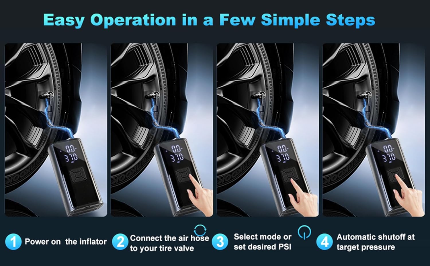 Tire Inflator Portable Air Compressor with LED Light, POLEDY Electric Bicycle Pump, Cordless Inflator Portable with Digital Gauge, Auto Shut Off, Battery Air Compressor for Car Bike Motorcycle Ball