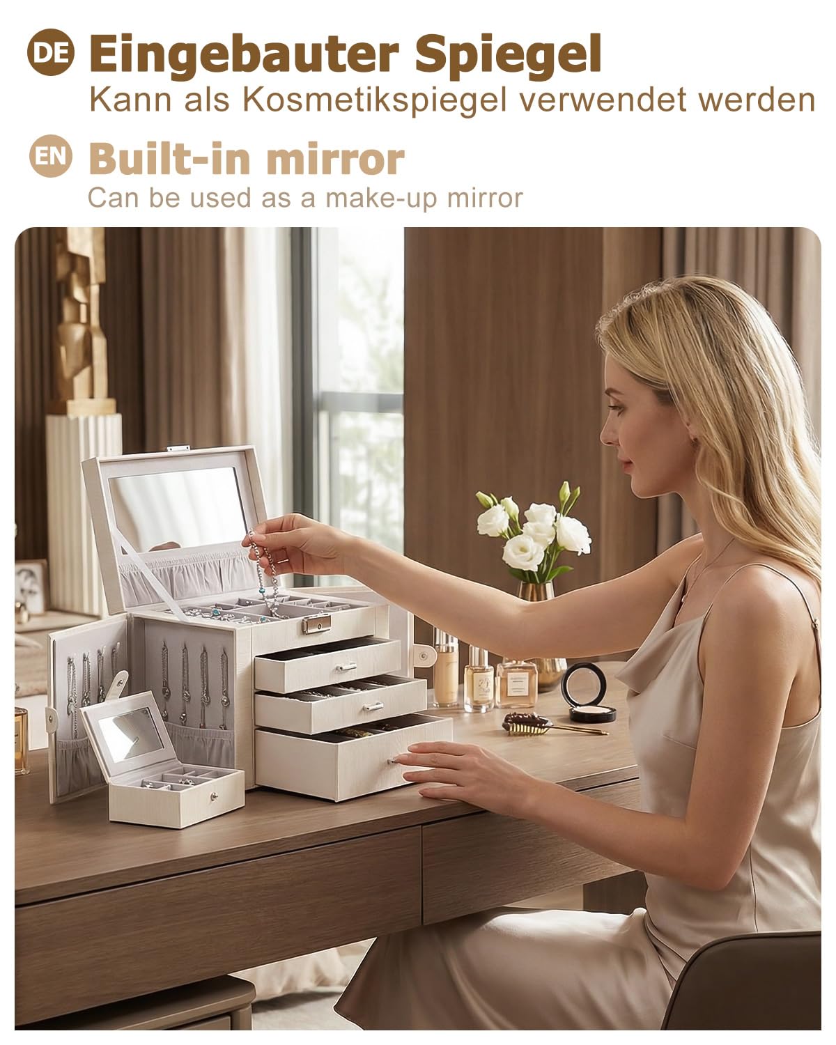Yorbay Caja de joyas grande con espejo para mujer: 6 niveles y 5 cajones | Organiza Collares Anillos Relojes y Pendientes-Tocador y Viajes-Minijoyero Extraíble y 2 Compartimentos Laterales