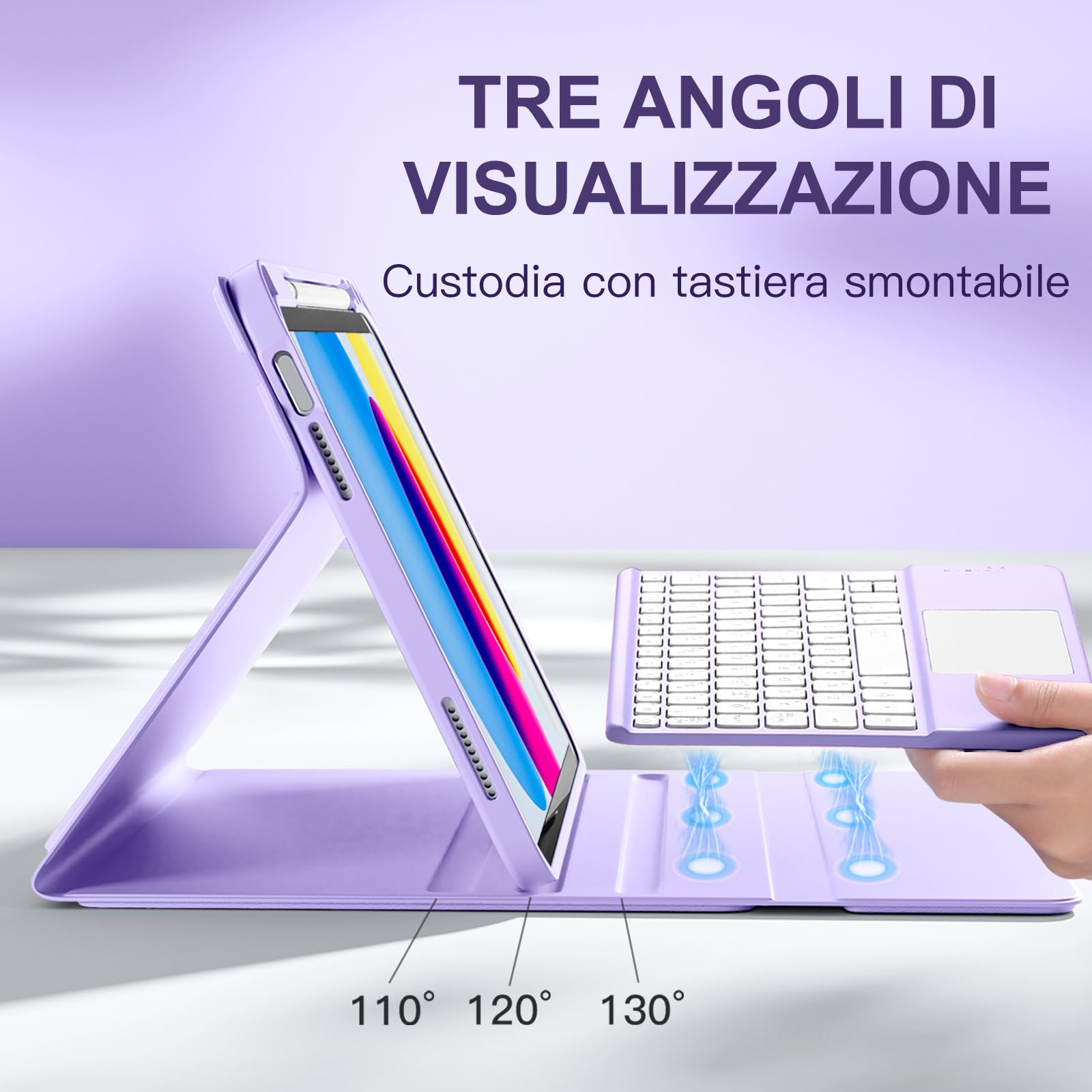 Vobafe Tastiera iPad 10 Generazione 10.9 Pollici 2022, Cover con Tastiera Rimovibile iPad A16 11 Gen 2025 con Trackpad, Italiano QWERTY con 7 Colori Illuminato, Custodia con Portapenna,Lavanda