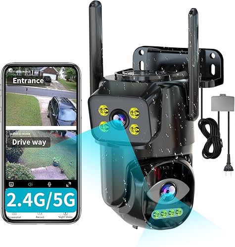 Cámara de seguridad WiFi de doble lente al aire libre, 2.4G5G PTZ cámara enchufable para exteriores seguimiento automático, sistema de vigilancia de