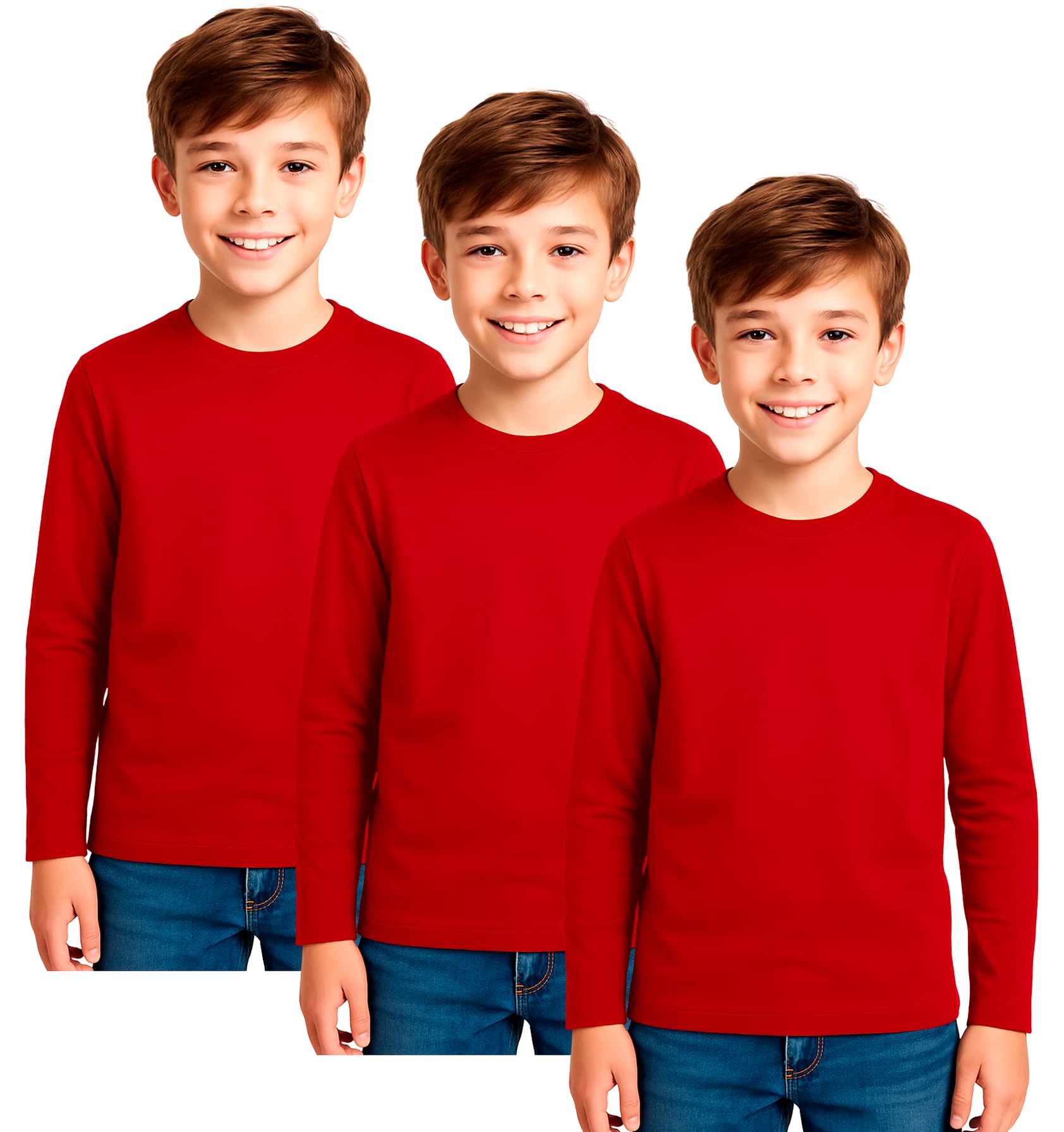 Lot de 3 t-shirts à manches longues et col rond en coton doux pour garçons et filles de 5 à 14 ans