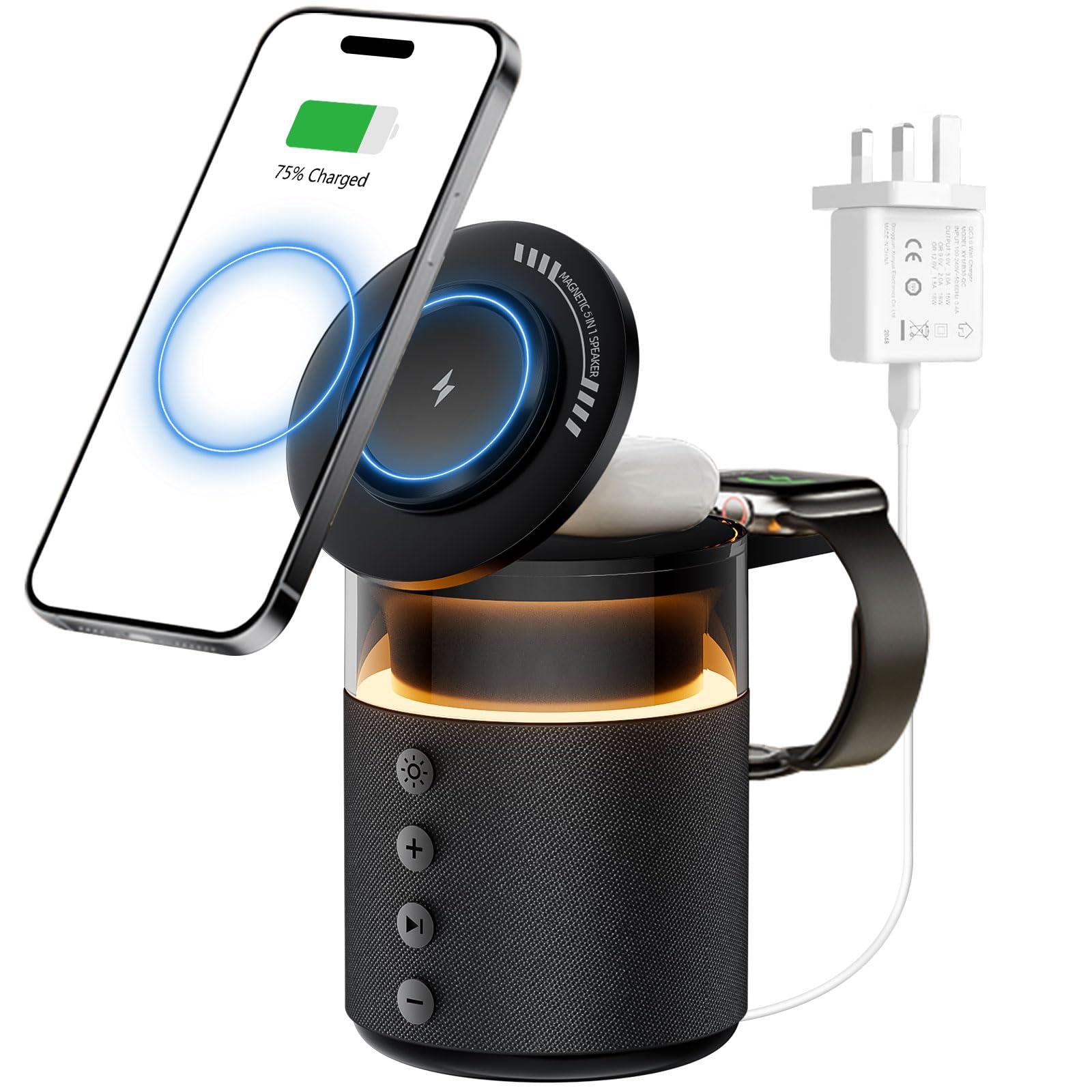 Station de charge sans fil 3 en 1, chargeur sans fil pour iPhone 17, 16,  15, 14, 13, 12, Apple Watch, Airpods, station d'accueil de chevet avec  lumire, support de tlphone avec haut-parleur : Amazon.fr: High-Tech