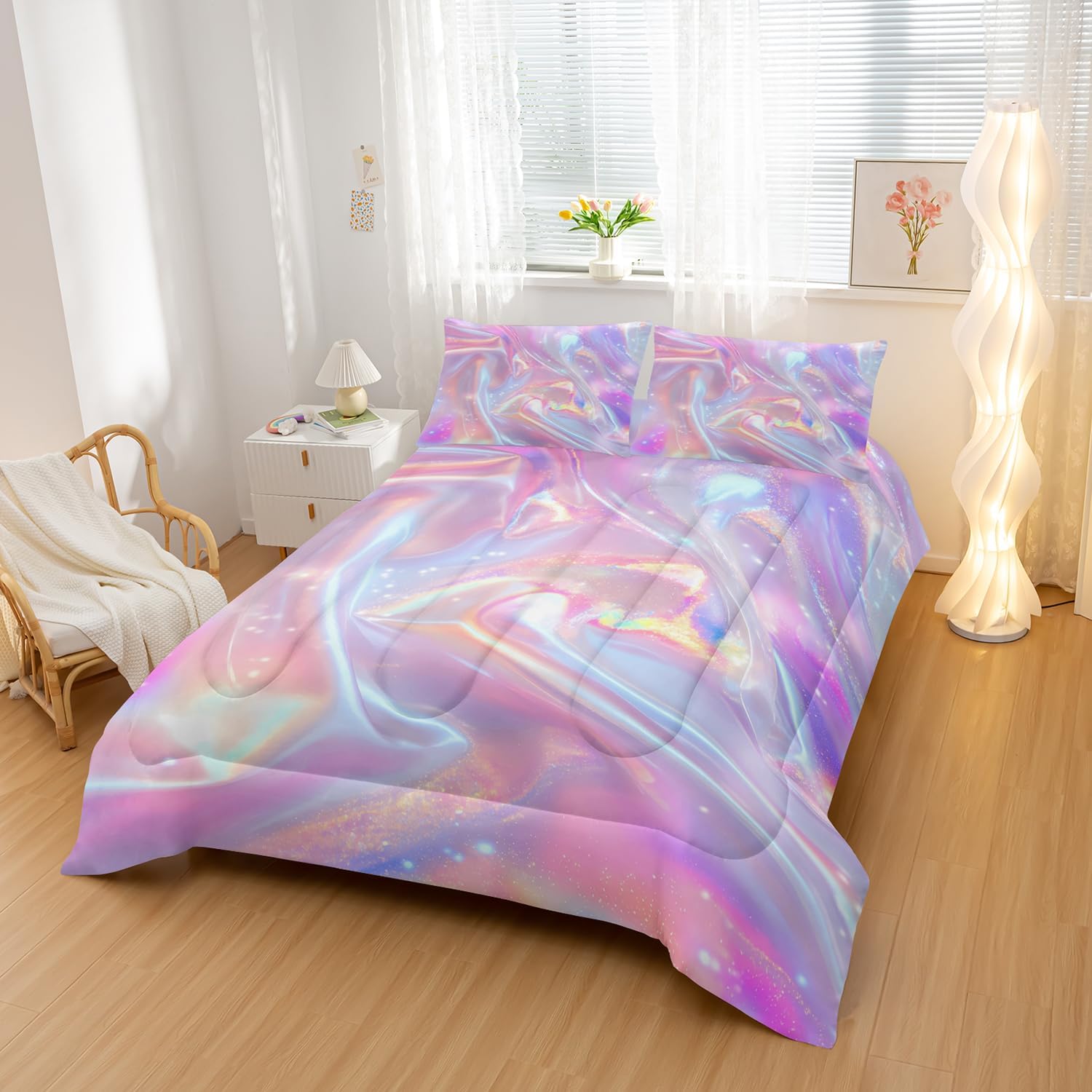 Mermaid Scales Bedding Set for Girls,Rainbow Scales Mermaid Printed Comforter Set Twin Size for Kid Women,Glitter Star Bed Set Quilts Set Lightweight