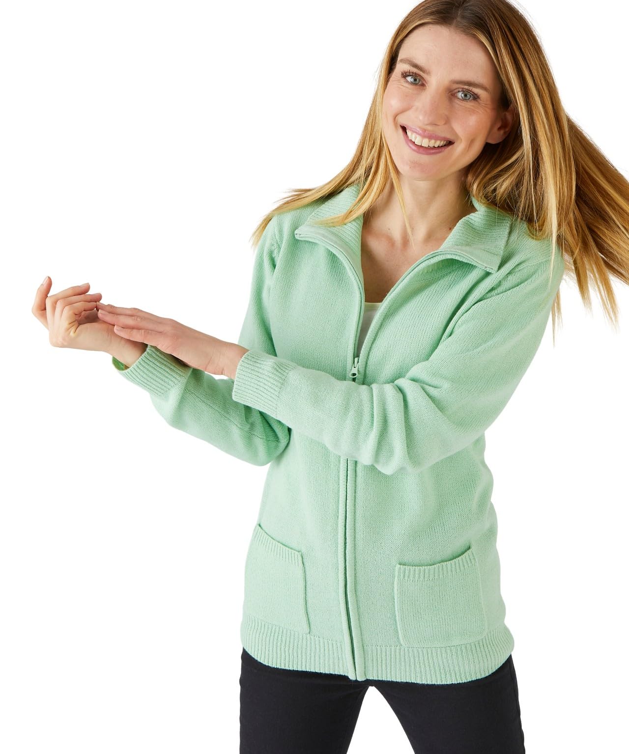 Damart Zipped Cardigan Women High Collar Long Sleeves