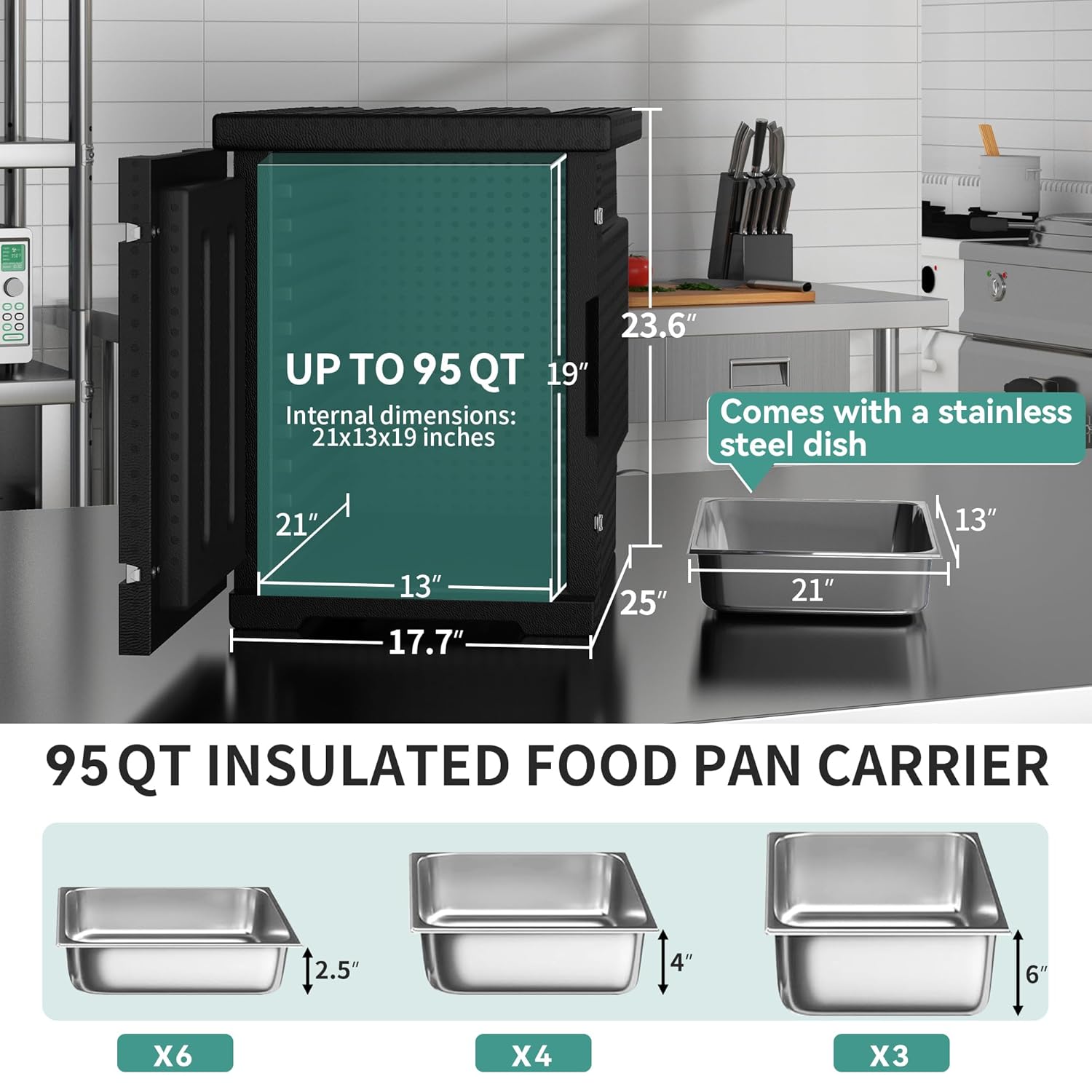 YITAHOME 95 Qt EPP Insulated Food Pan Carrier, Hot Box for Catering w/Stainless Steel Pan, Insulated Food Hot Box for 6 Full-Size Pans for Restaurant Family Gathering, Lightweight, High Intensity