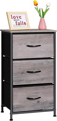 LIANTRAL Cómoda de 3 cajones, cómoda con cómoda de tela, mesita de noche con cajones, marco de acero resistente y parte superior de madera,