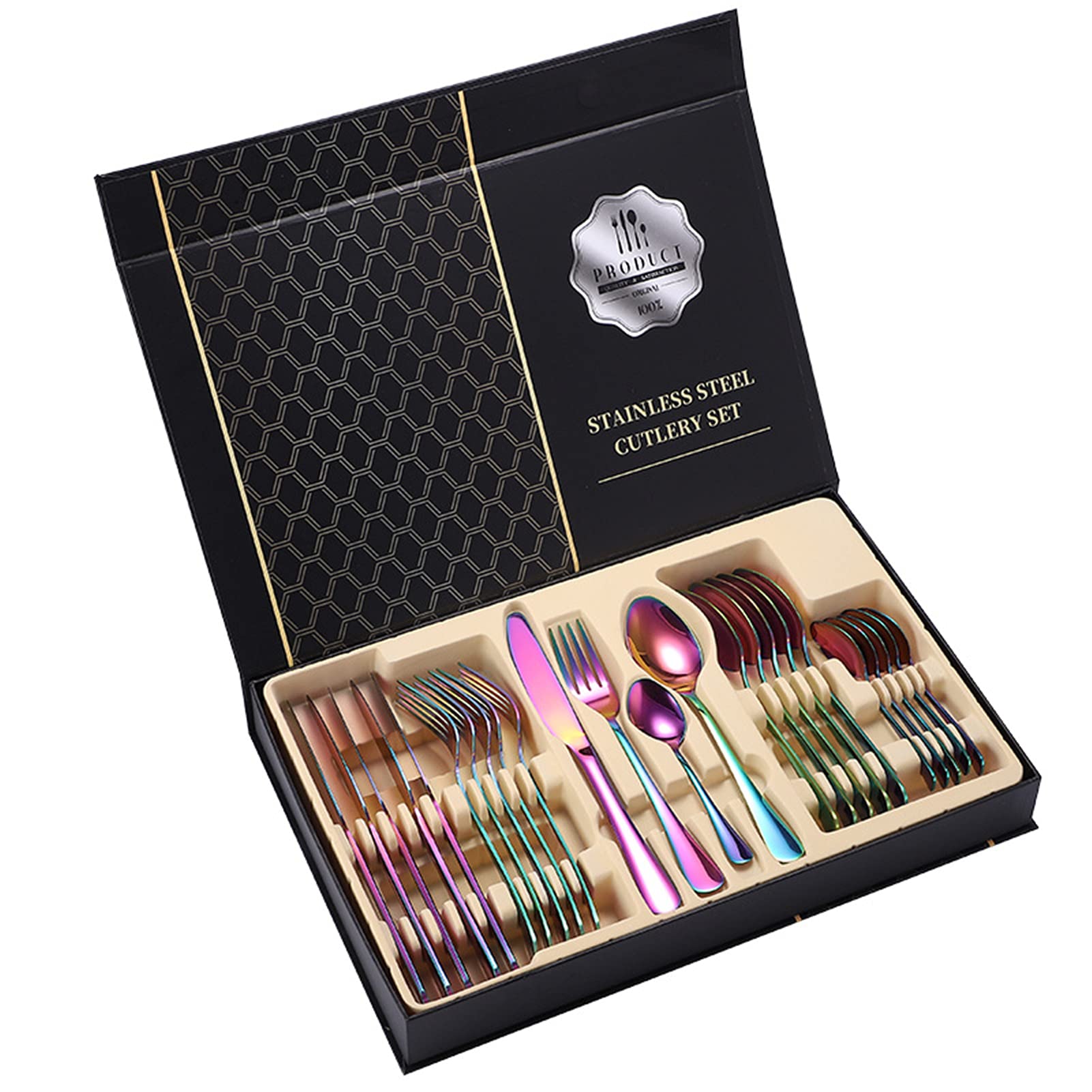 Juego De Cubiertos De 24 Piezas, Para 6 Personas, Acero Inoxidable, Cubertería De Luxe Estuche Regalo, Para Bodas, Restaurante, Fiesta, Regalo, Festivales (ArcoíRis)