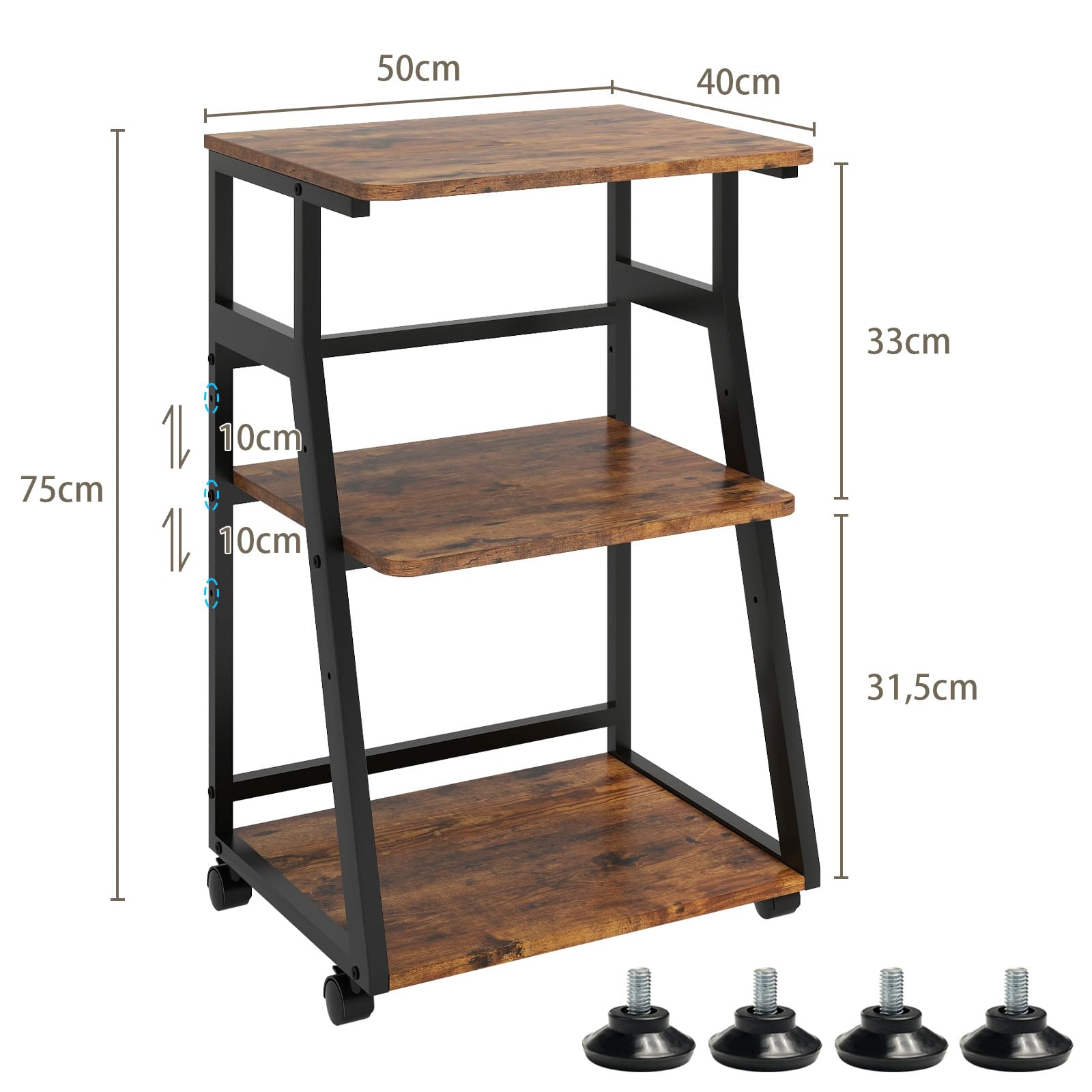 PUNCIA Meuble Imprimante à 3 Niveaux Support Imprimante 3D Caisson Bureau | en Bois Banette de Rangement avec Étagère Réglable Meuble de Rangement avec Roulette pour Bureau à Domicile (Marron)