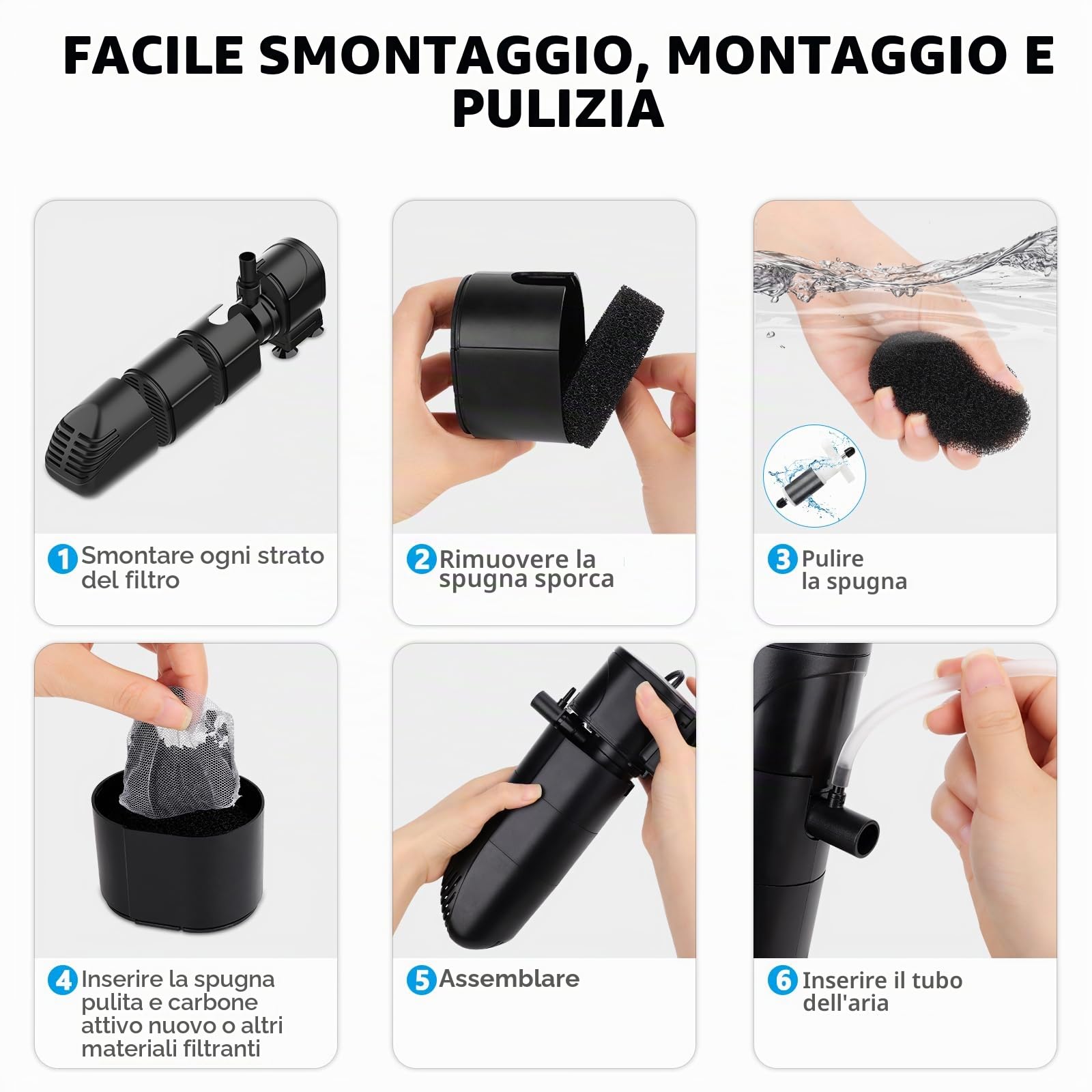 fishkeeper Filtro per acquario da 13 W, flusso regolabile 700 l/h, pompa per acquario con filtro, filtro interno per acquario a tre livelli con carbone attivo e spugna, filtro per acquari piccoli fino