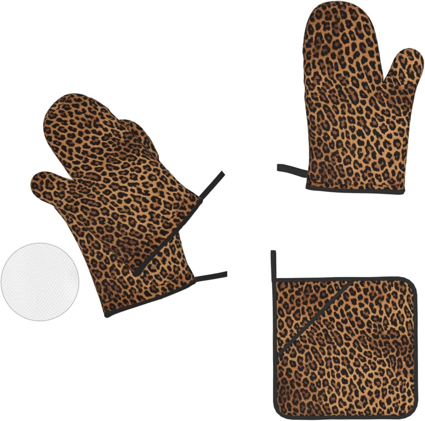 (Leopard Print) Baking 4-Piece Set: 2 Oven Mitts and 2 Pot Holders Heat Resistant Waterproof Hanging Loop for Kitchen Oven Grill Housewarming Gifts