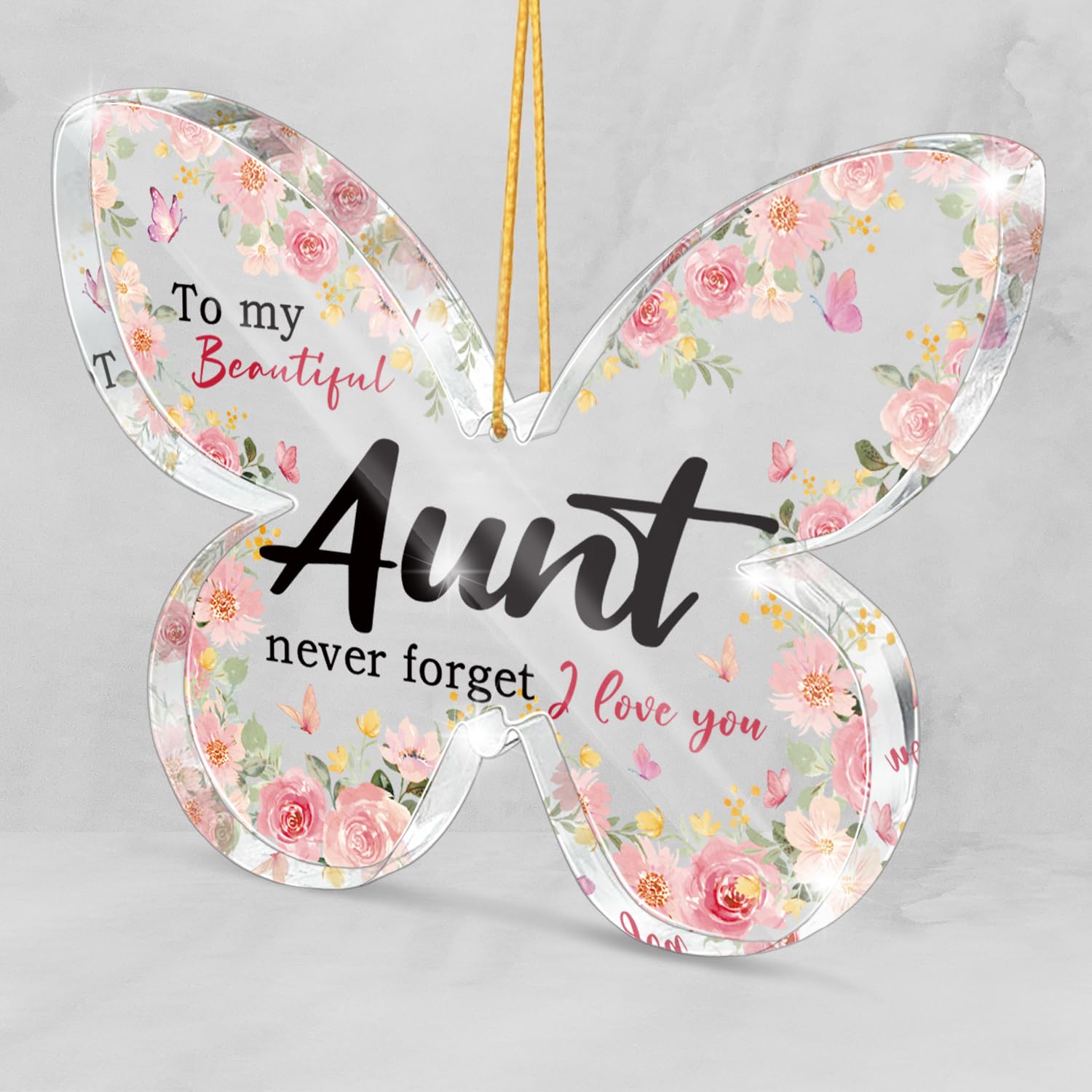Gift for Aunt from Niece or Nephew - Pink Butterfly Acrylic Ornament, I Love You Gift for Birthdays, Weddings, Christmas, Thanksgiving and Mother's