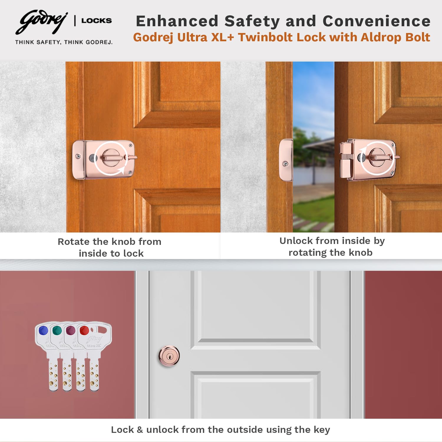 Godrej Rim Lock I Twinbolt Ultra XL+ | 1CK Deadbolt I for Inside Opening Wooden Door | Left/Right Handed Doors I 4 Keys I 5-Year Warranty I Manual Locking l Rose Gold Finish — Amazon image 7