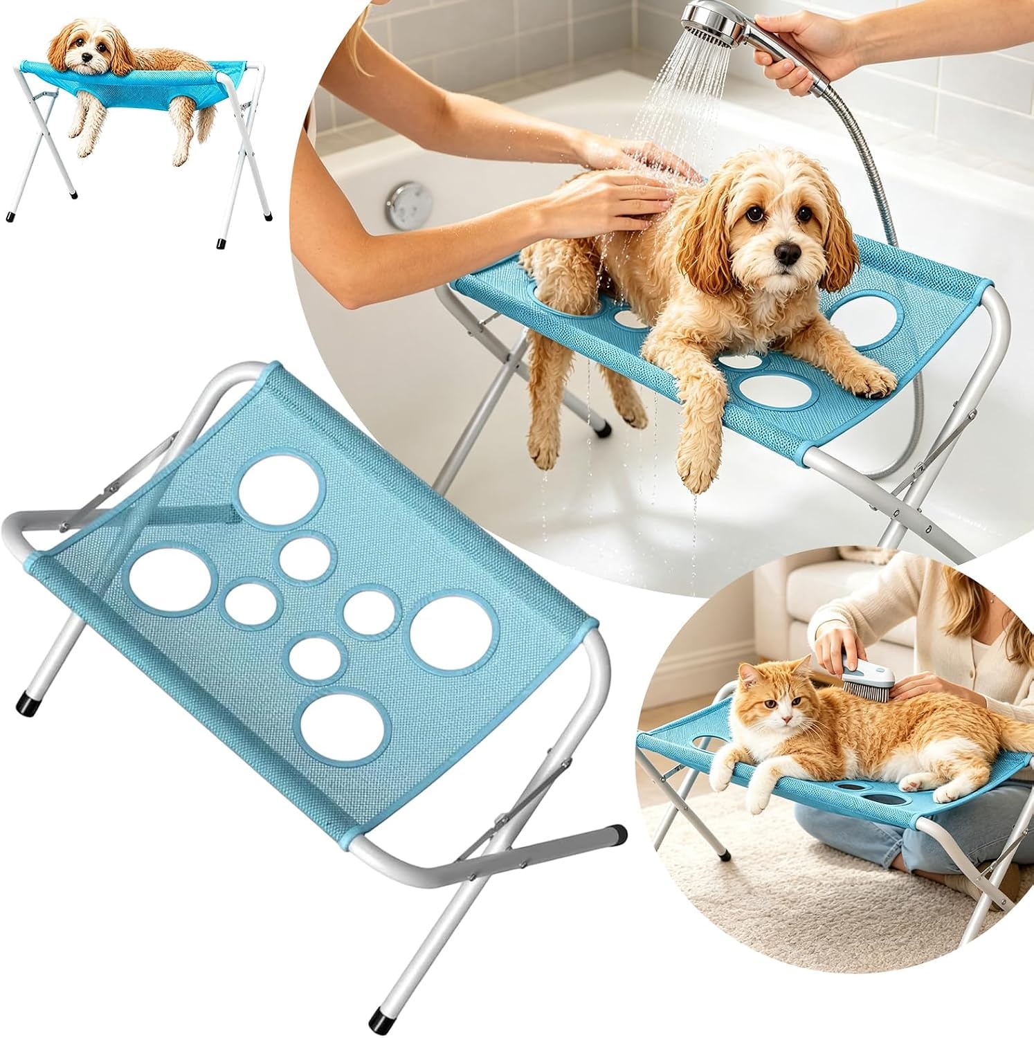 Dog Grooming Hammock Foldable Dog Bath Stand Grooming Table Shower Stand Foldable Pet Bath Portable Pet Shower Washing Station for Nail Clipping Blowing Drying Household Small Medium Dogs Cats Care