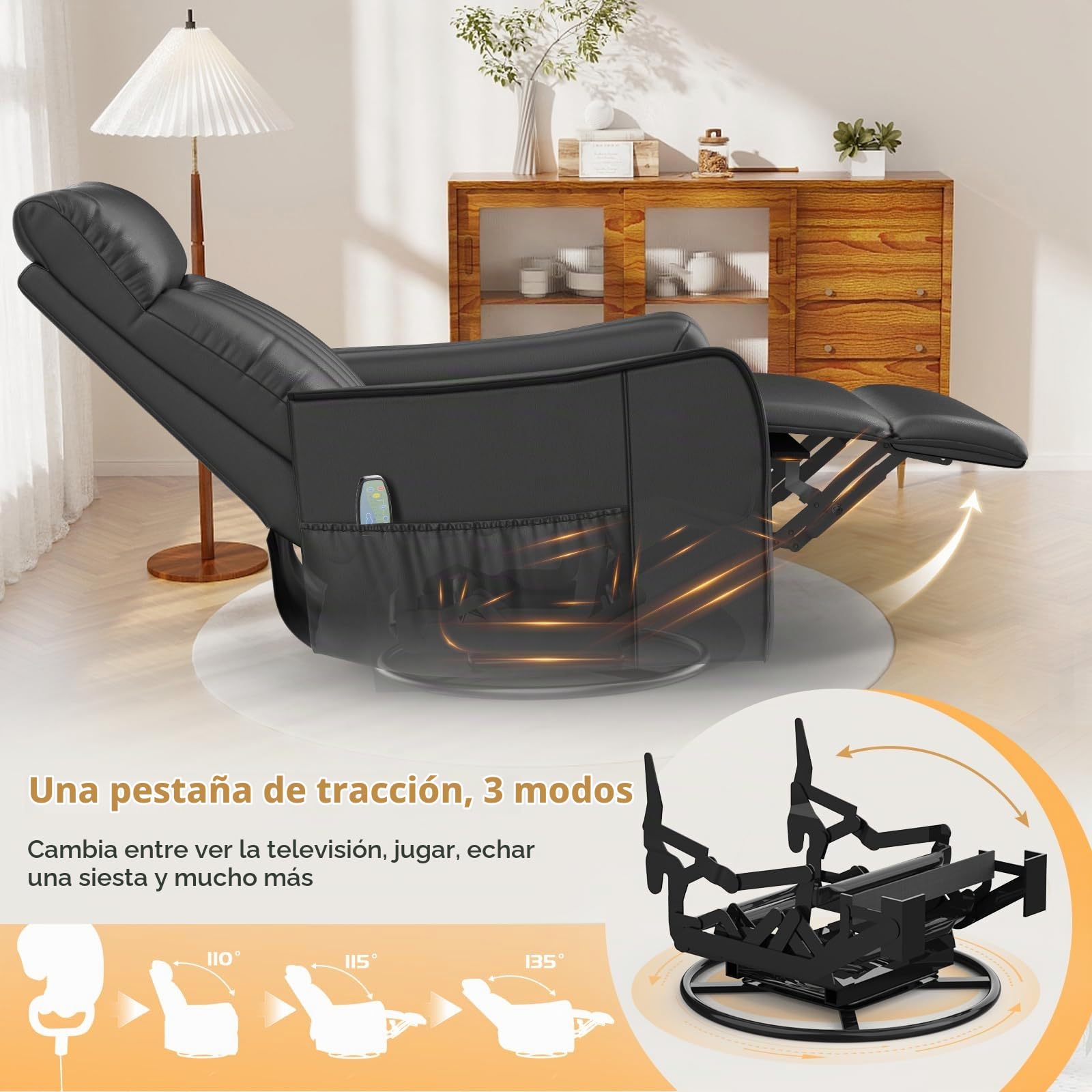 Sillón reclinable Mecedora giratoria con Masaje y Calor, reposapiés extendido,Sillón reclinable 3 en 1 para Sala de Estar, sofá Individual Ajustable con Bolsillos Laterales Doble