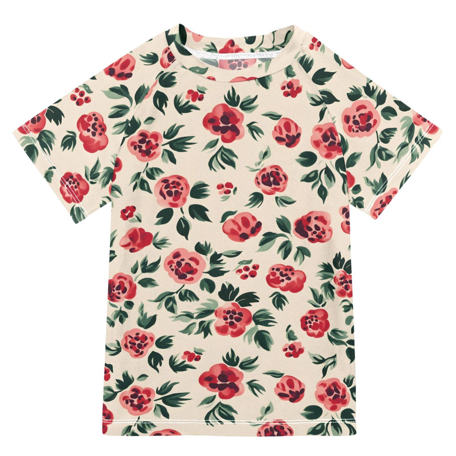 ALAZA Kids Rash Guard Boys Toddler Swim Shirts Short Sleeve Dog Rose Print UPF 50+ 3T