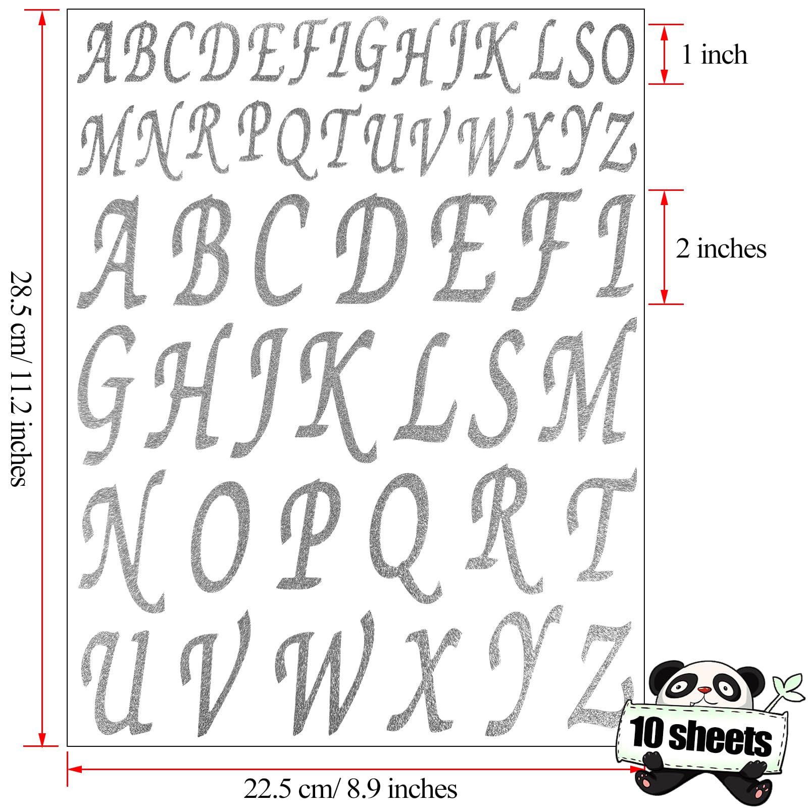 520 sztuk, 10 arkuszy, brokatowe naklejki z literami alfabetu, samoprzylepne naklejki z literami alfabetu, litery do dekoracji czapki, DIY, rękodzieło, tworzenie sztuki (srebrne, 2 cm, 5 cm)