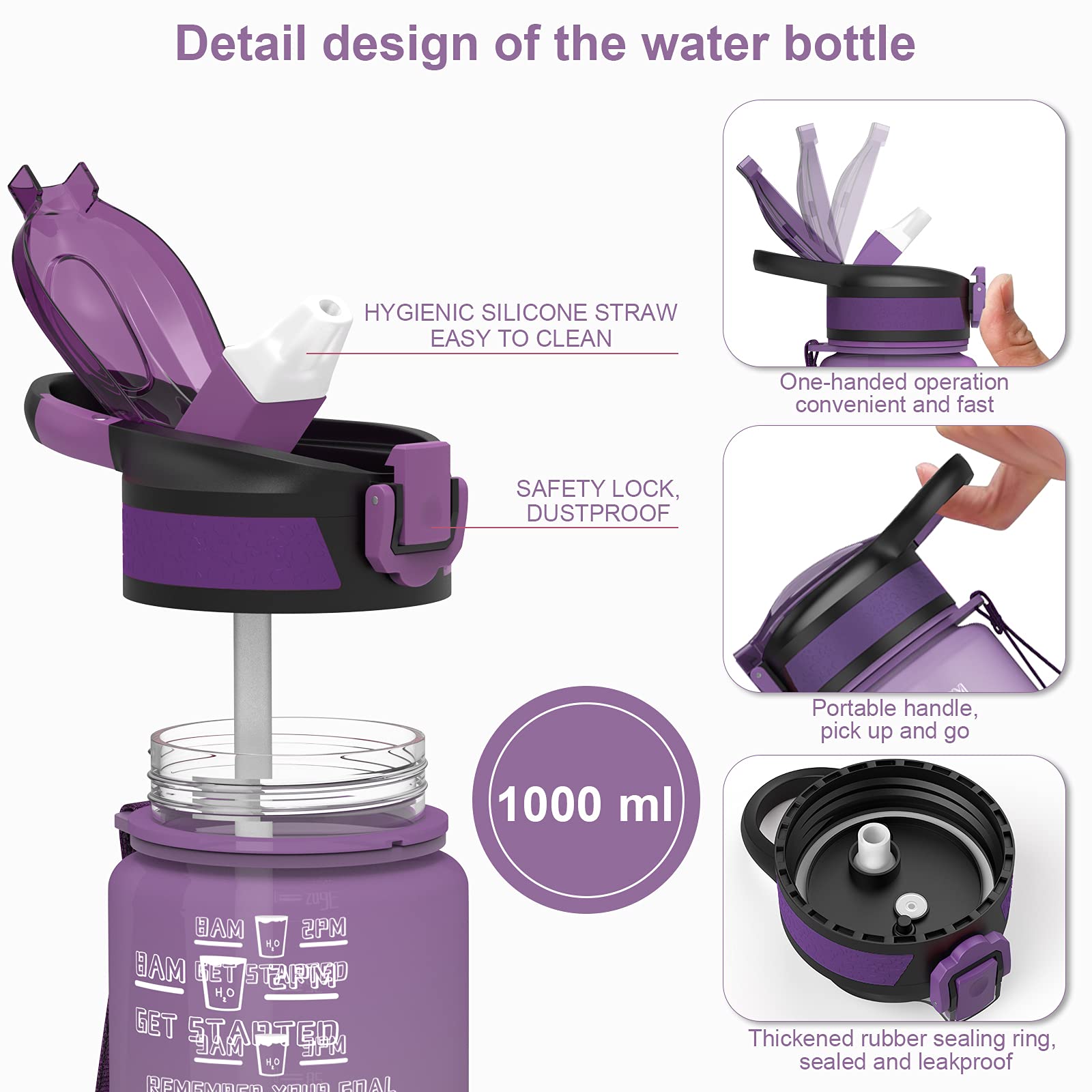 32 oz Motivational Water Bottle with Time Marker & Straw, 1 Liter