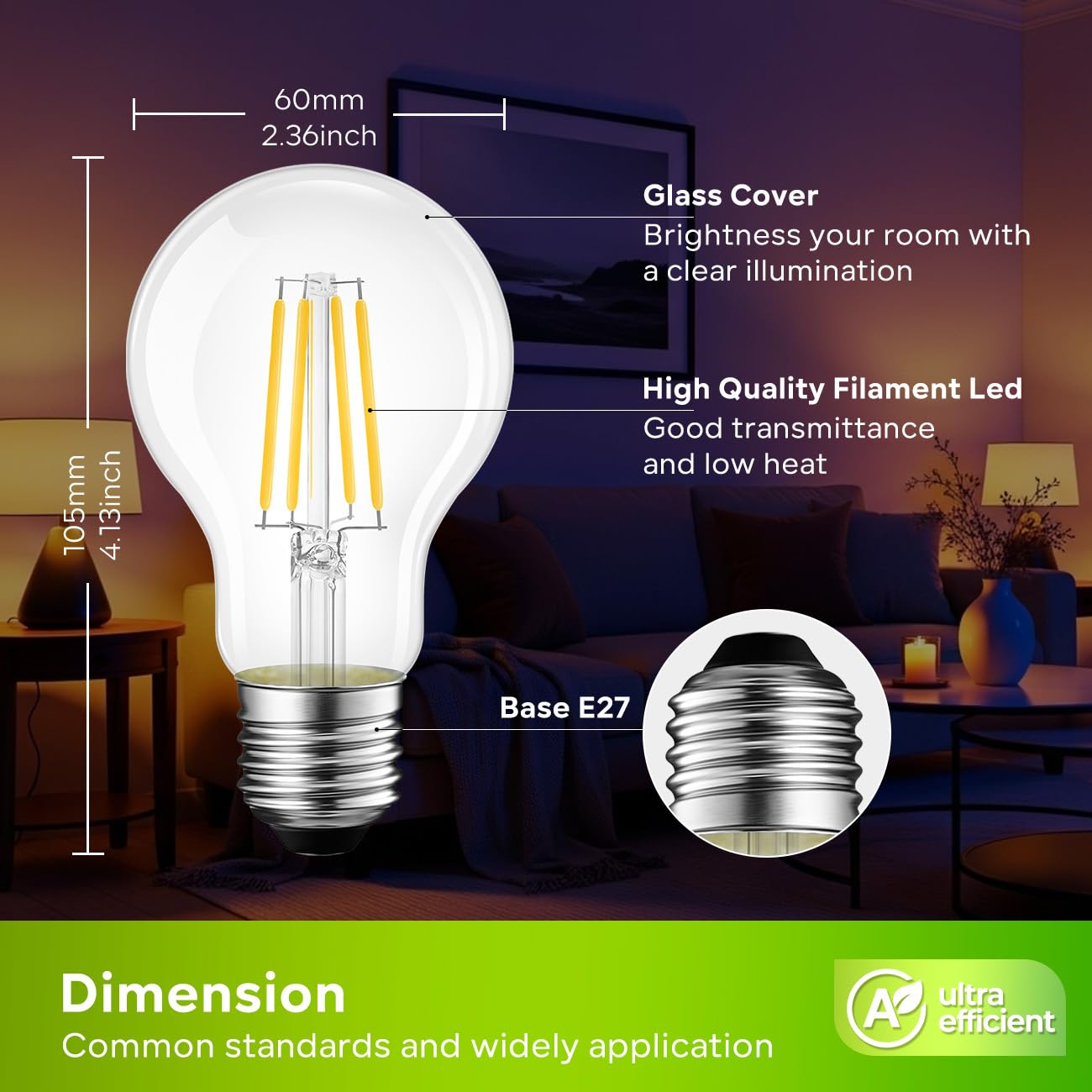 LVWIT Lampadine LED E27, Lampadine Filamento Classe A Ultra Efficiente, Luce Calda 2700k, 3.8W Equivalenti a 60W, 806LM, Forma a A60 Vintage, 93% Risparmio Energetico, Non Dimmerabile, 6 Pezzi