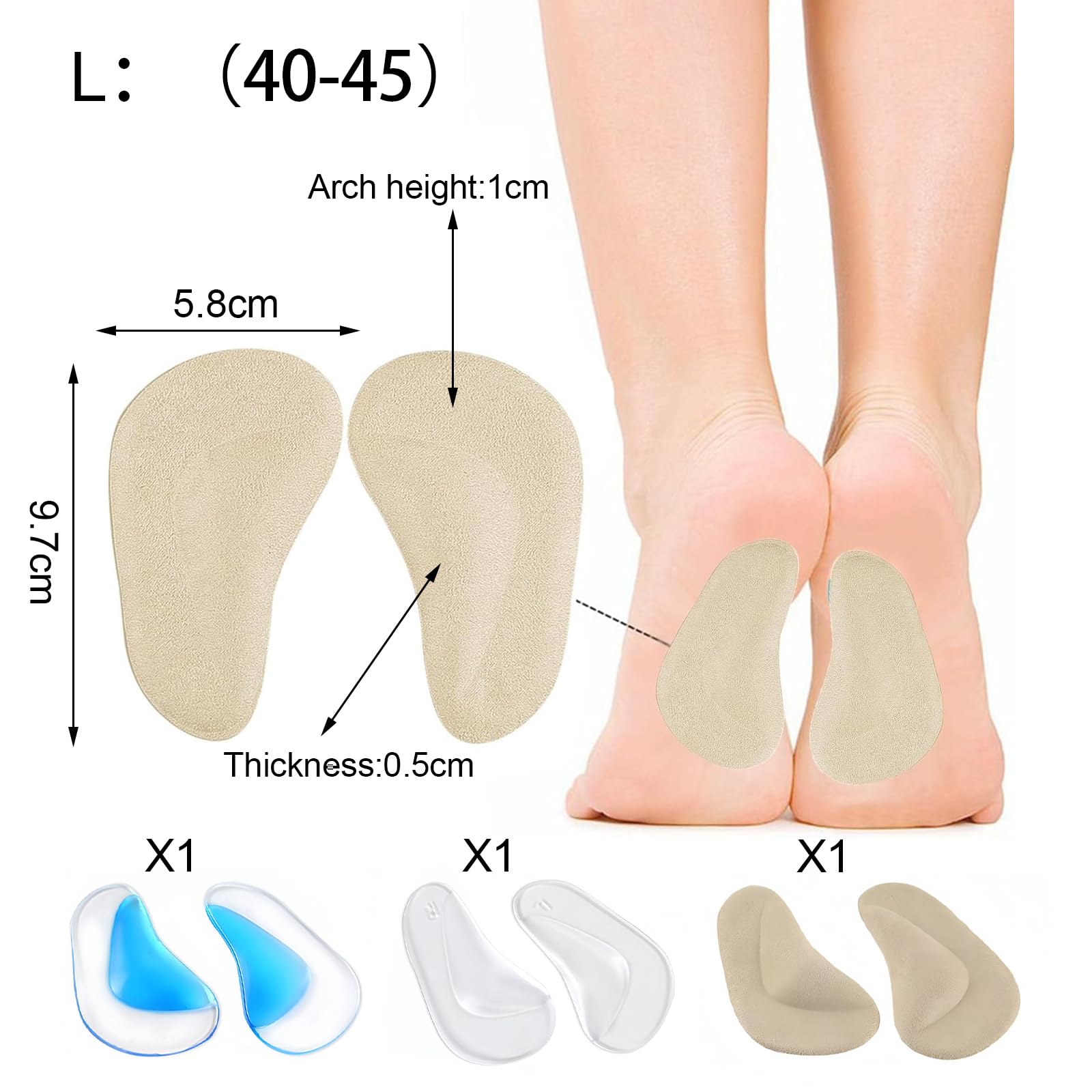 Plantillas ortopédicas de gel soporte arco para fascitis plantar - 3 pares