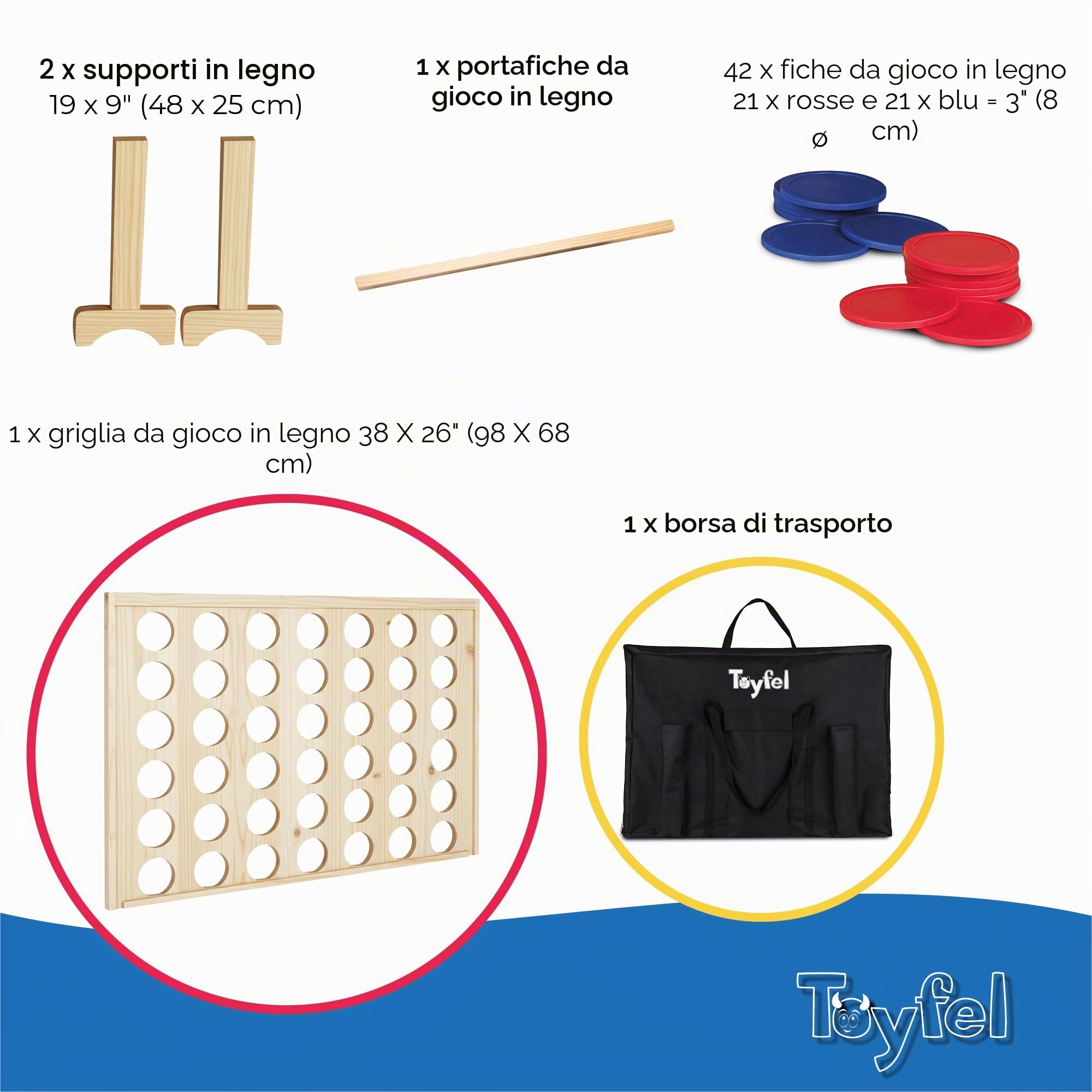 Toyfel Gioco da tavolo Forza 4 XXL Naturale in legno di pino FSC® Connetti | Quattro 4 di fila di strategia da interni o esterni per adulti e bambini certificato giocattolo gigante Ace