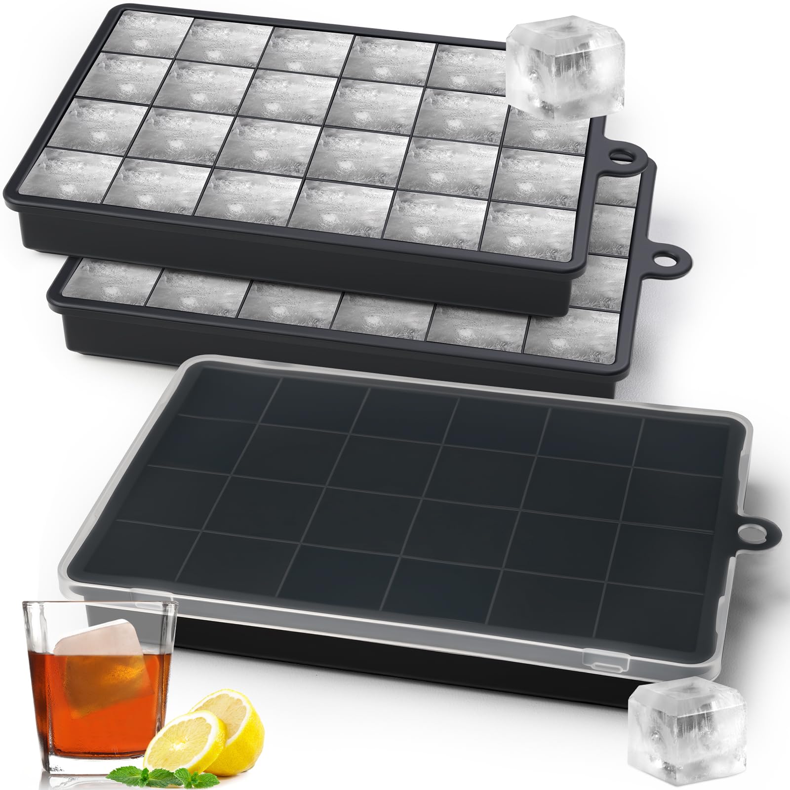 Sinnsally Silicone Ice Cube Trays,24 Square Ice Cube Tray with Lid,3 Pack Ice Cube Moulds Set,Ice Molds Maker Silicone,Large Ice Trays for Whiskey Freezer Containers,BPA Free