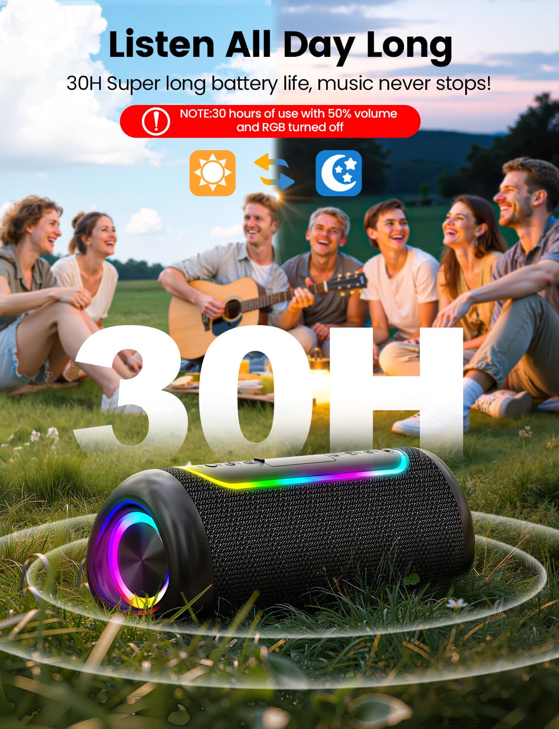 UOHHBOE Głośnik Bluetooth 30W, do 30H pracy, Bluetooth 5.4, TWS Stereo, Podświetlenie RGB, IPX5 odporny na zachlapania, USB/TF/AUX – do domu, podróży i na zewnątrz | Bluetooth 5.4, TWS stereo 360°, czas pracy 30H, 4 tryby RGB, IPX5, Type-C, głośnik bezprz