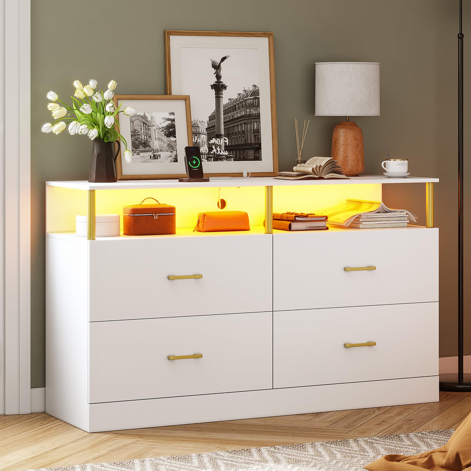 AOGLLATI White Dresser for Bedroom with Charging Station, Dressers & Chests of Drawers with Column Design, 4 Drawer Modern Bedroom Led Wide Wood Dresser for Bedroom