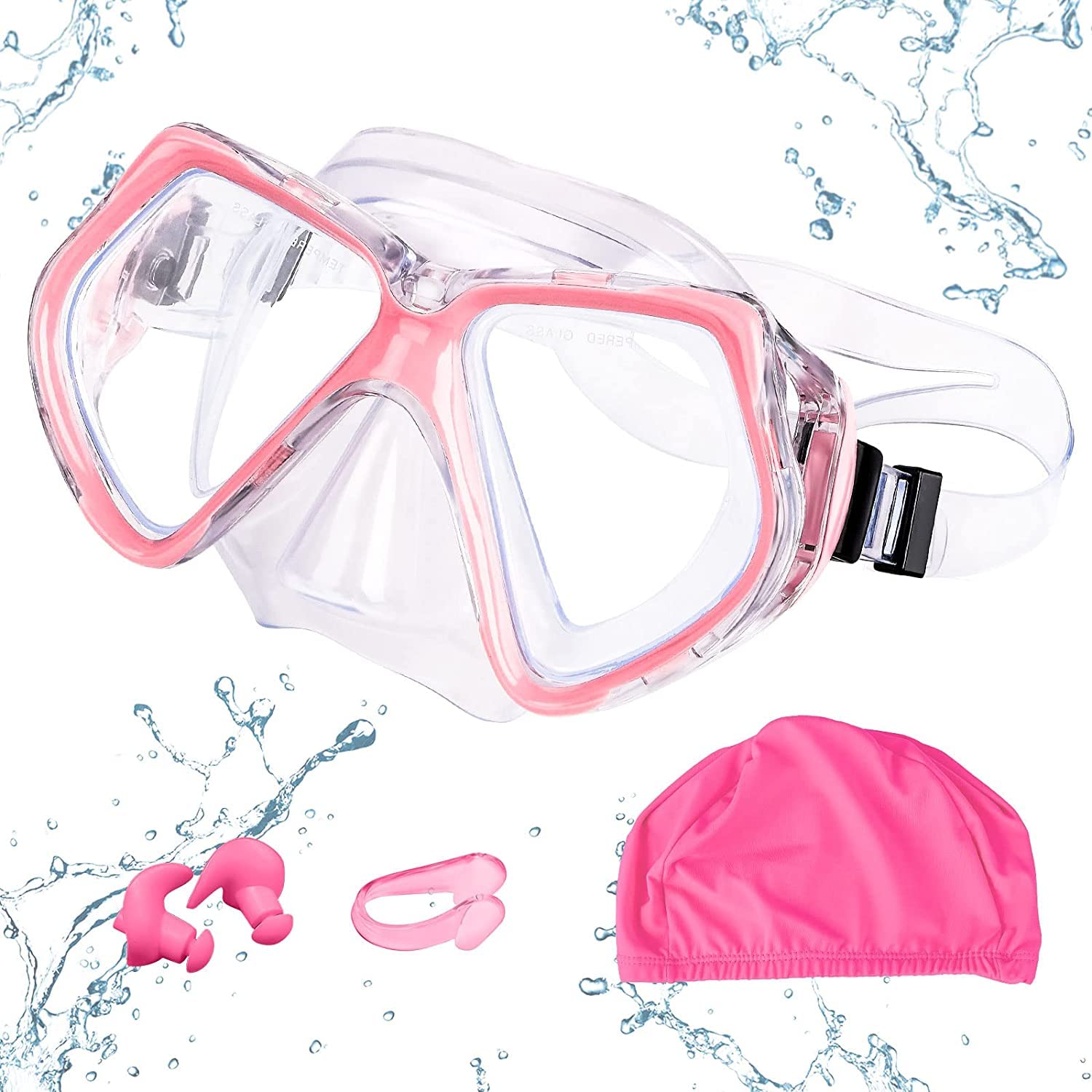 MengQiLe - Gafas de natación para adultos, máscara de buceo con lentes anchas, ajustable de 180 grados, sin fugas, antiempañamiento, con gorro de baño, pinzas para nariz, tapones para los oídos