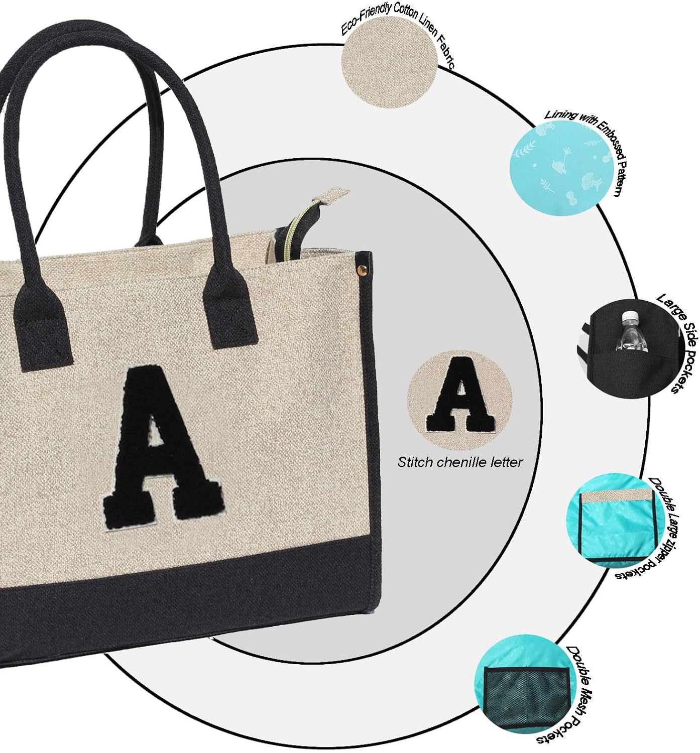 ESVAN Personalized Gifts Canvas Tote Linen Bags Handbags Top Zipper Closure Initial Retro Utility Tote - Image 3