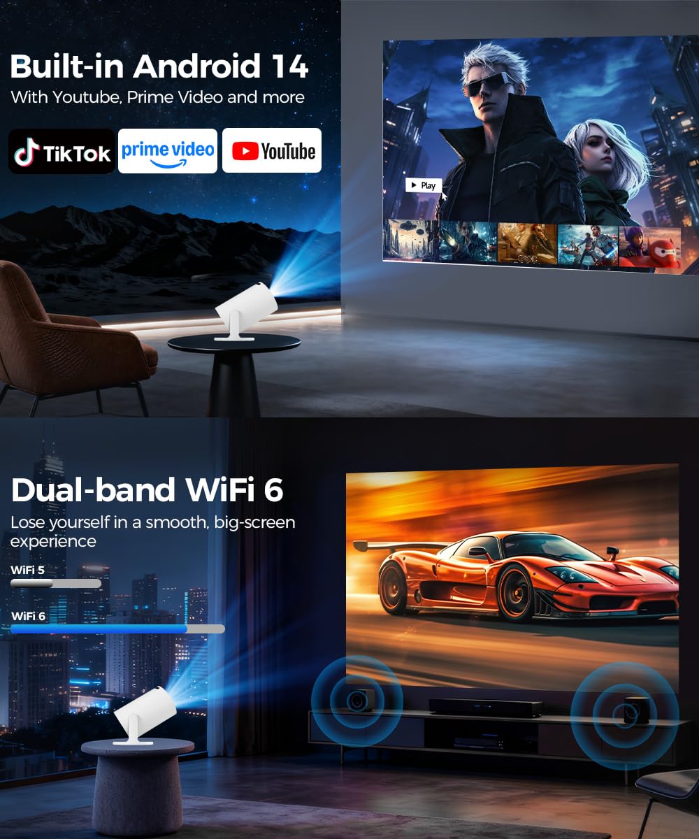 Magcubic Mini Beamer Projektor 4K Unterstützt Android 14, WiFi 6 BT 5.4 | Smart Projector Heimkino Klein Full HD 1080P Unterstützt 200 ANSI Auto Horizontal Trapezoid Correction 5W Lautsprecher