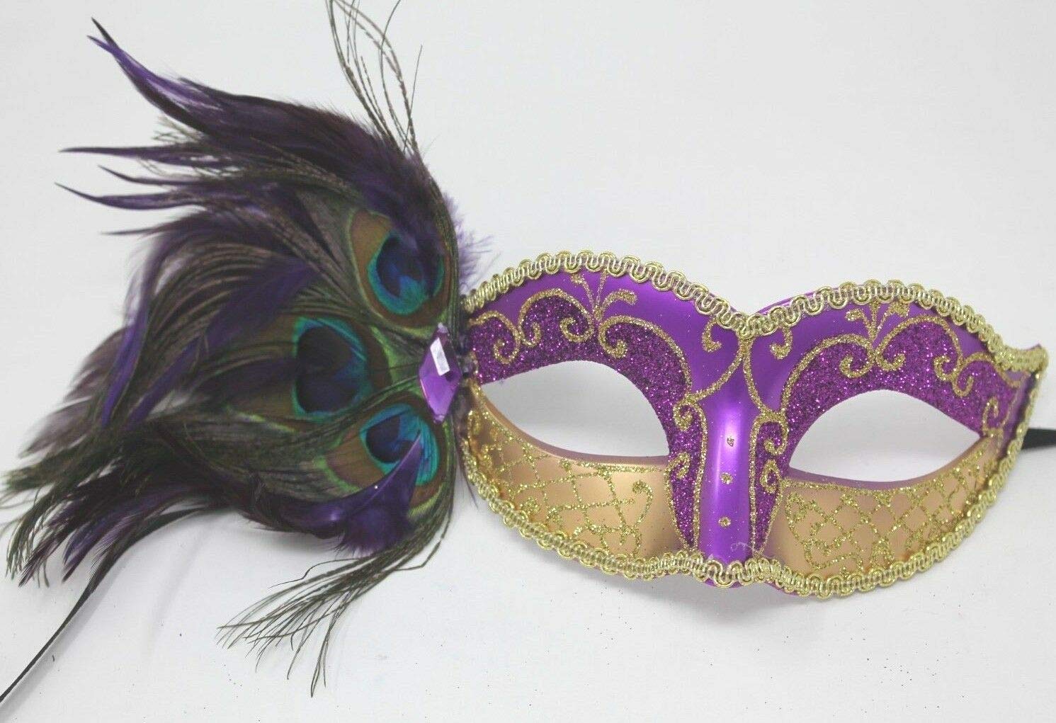 Mask & Co LADIES SPARKLING PURPLE & GOLD VENETIAN MASQUERADE CARNIVAL PARTY EYE WITH PEACOCK FEATHERS, Purple Gold, 7cm Deep - Image 2