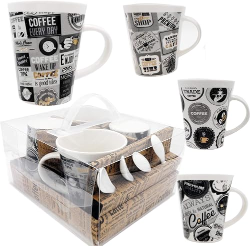 Rockin Juego de 4 tazas de café vintage, hermosas tazas de cerámica distintivas y variadas frases de café, exclusivos en caja, mejores juegos de