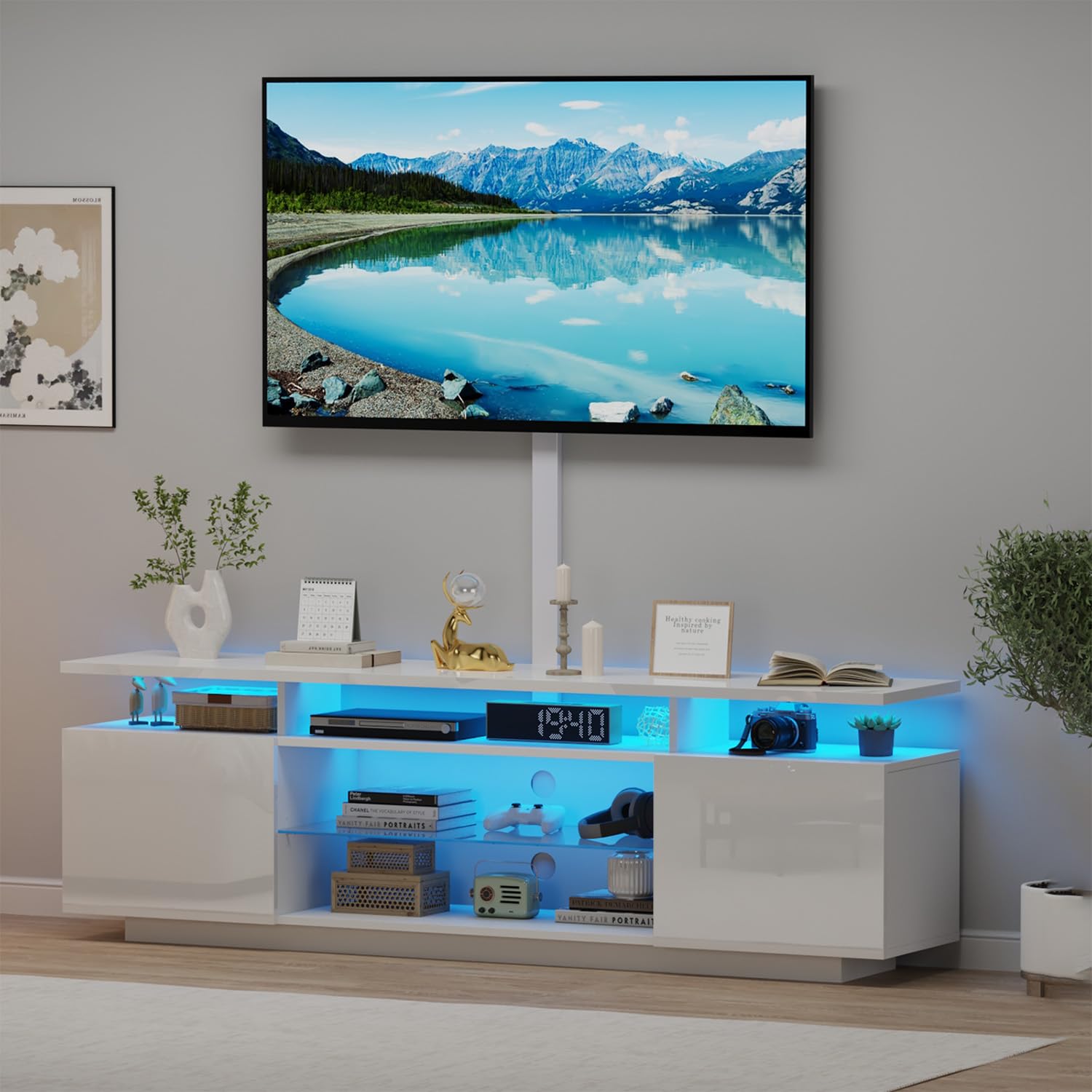 TRIOBLADE 160cm TV Stand Cabinet with Storage White High Gloss TV Unit Cabinet with LED Lights Modern Entertainment Unit for Living Room Bedroom for up to 75" TVs (White Adjustable tv stand) — image 1