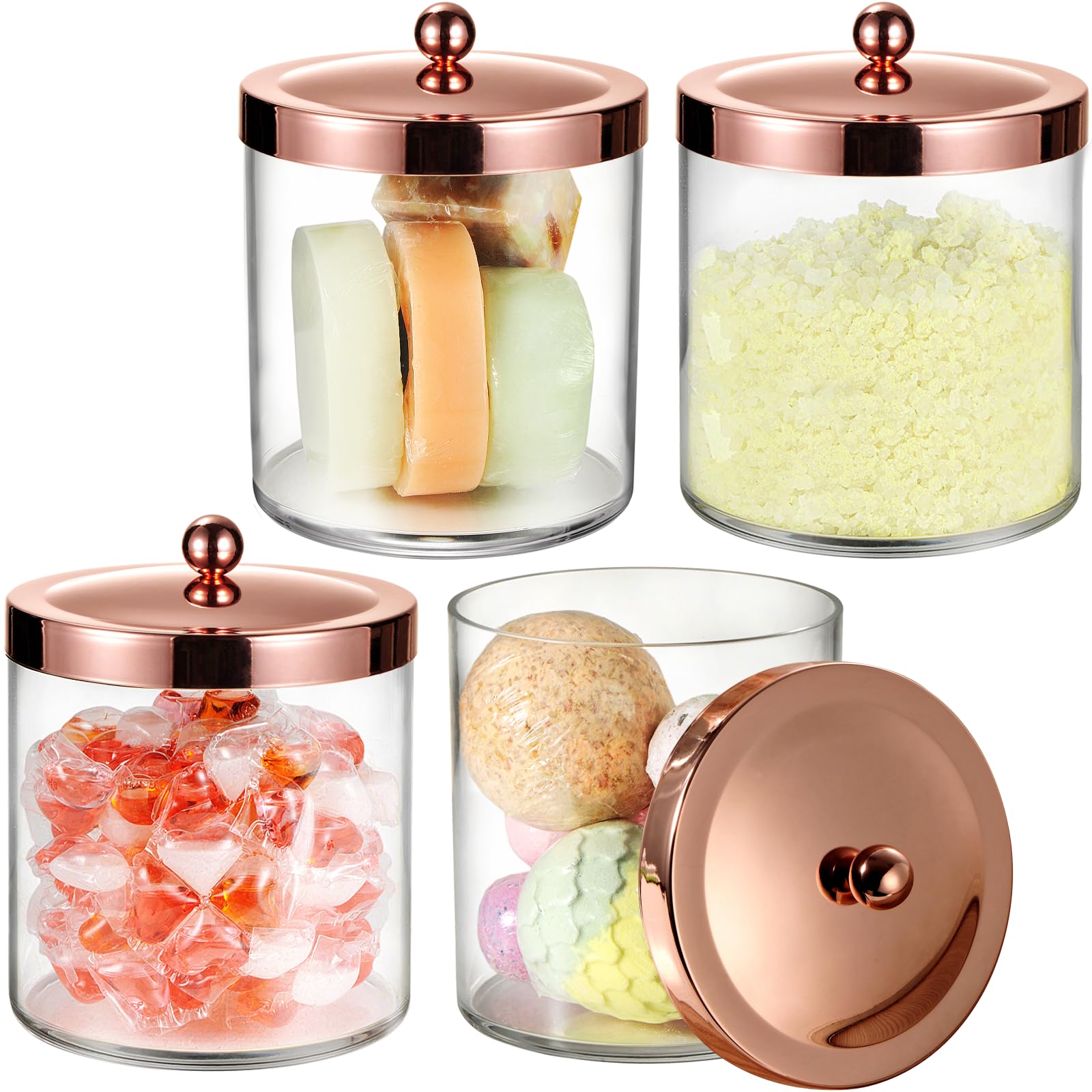 SheeChung 4 Pack 50 Oz Large Apothecary Jar with Metal Lid, Plastic Containers Canisters with Stickers Spoons, Bathroom/Laundry/Kitchen/Pantry Vanity Countertop Storage Organizer Decor(Rose Gold)