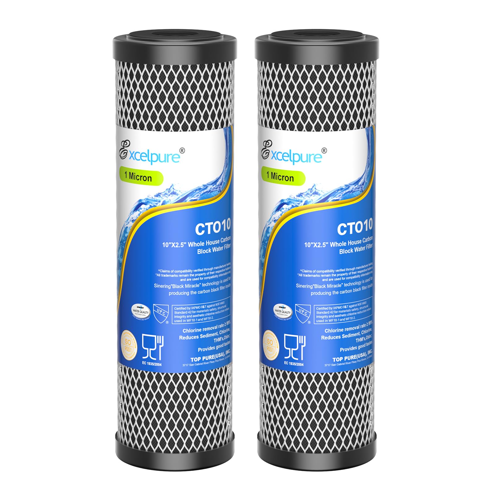 EXCELPURE 1 Micron 10" x 2.5" Whole House CTO Carbon Water Filter, 2PACK