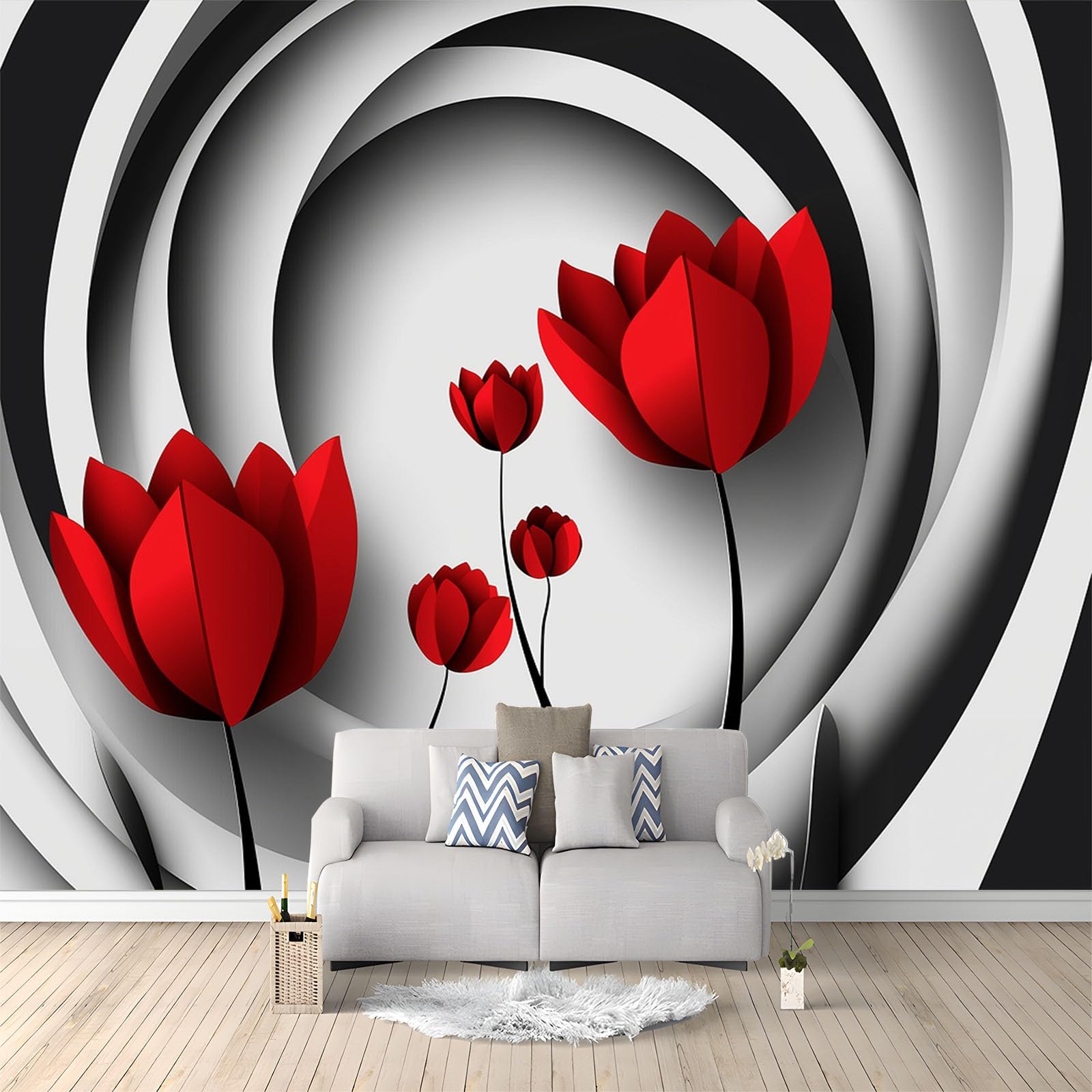 Genérico Tapeta Czerwone Tulipany Trójwymiarowe Paski Fototapety Włóknina 250 x 175 cm Fototapety Dekoracyjne Fototapety Ścienne Efekt 3D Dekoracyjny Salon Tapety Kuchnia