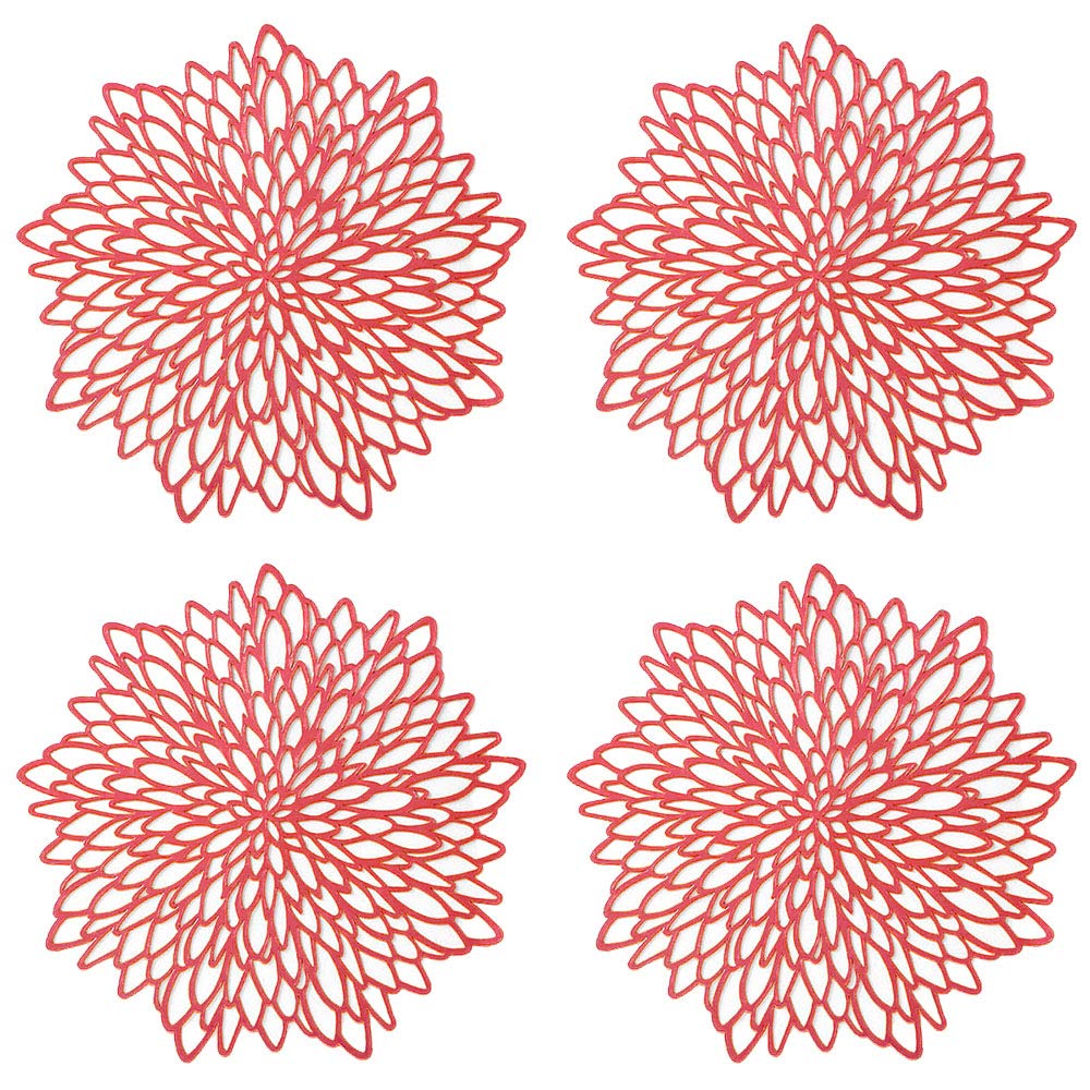 GLOBALDREAM Hollowed-Out Round Placemats, 4 Pieces Red Round Placemats Laminated Vinyl Leaf Dining Table Decorative Non-Slip Table Placemat PVC Plastic Coaster (Redï¼‰