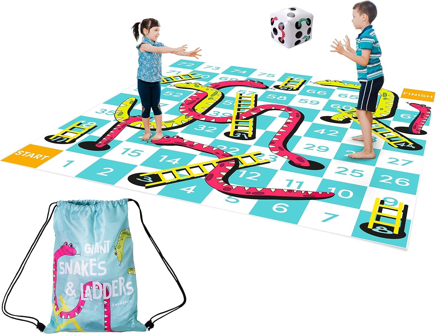 THE TWIDDLERS XXL Juego de Serpientes y Escaleras Gigante (3x3m) - Tapete de Jardín Impermeable con Dado Inflable y Bolsa para Niños y Adultos - Juegos de Exterior para Fiestas y Familia