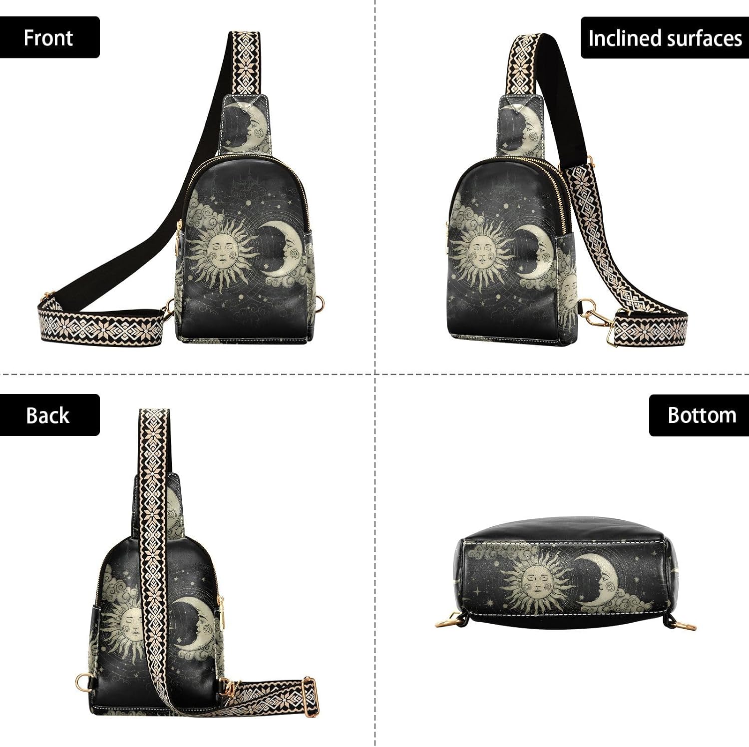 Astrology Sun Moon Gothic Crossbody Bags for Women,Leather Sling Bag Fanny Pack for Travel Hiking Outdoor