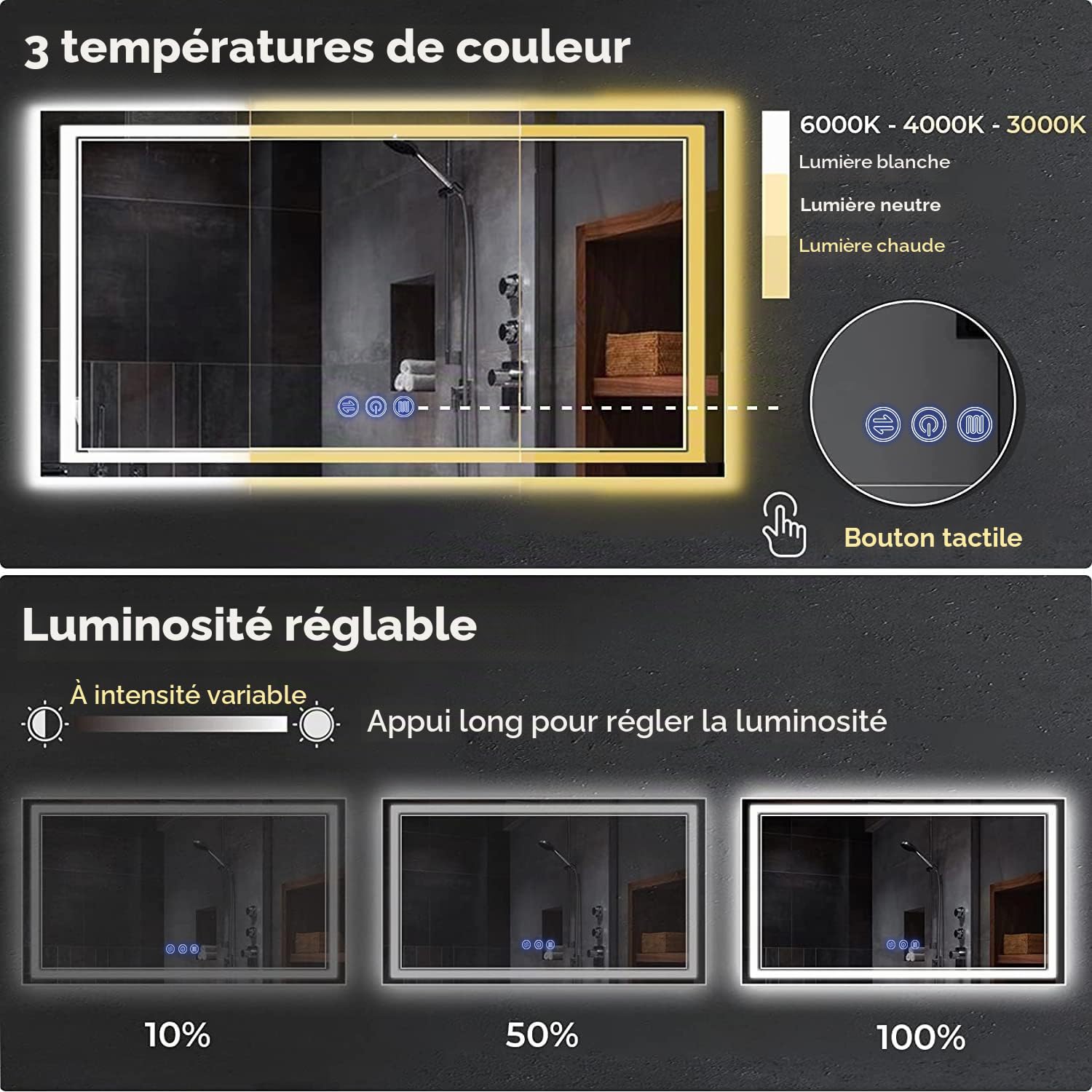 Miroir de Salle de Bain, avec éclairage, 120 x 70 cm, Miroir Mural et Interrupteur Tactile, IP65 LED, avec Fonction mémoire, 3 températures de Couleur, Horizontale/Verticale, Verre trempé HD