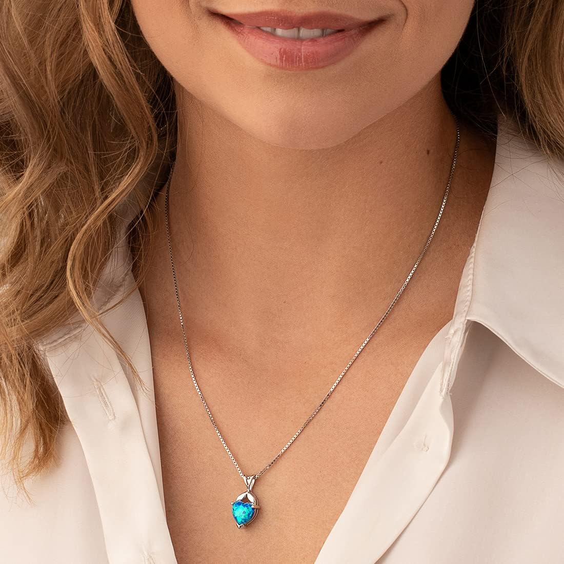 PEORA Created Blue Opal Heart Necklace in Sterling Silver, Designer Solitaire, 2.50 Carats with 18 inch Chain, October Birthstone Necklace, Fire Opal Necklace, For Jewelry Gift & Everyday Wear