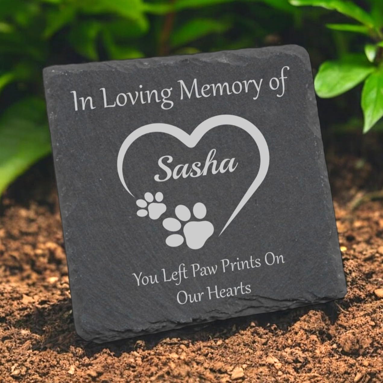 Customised Print Personalised Pet Memorial Slate Plaque, Garden Grave Marker with Heart and Paw Design