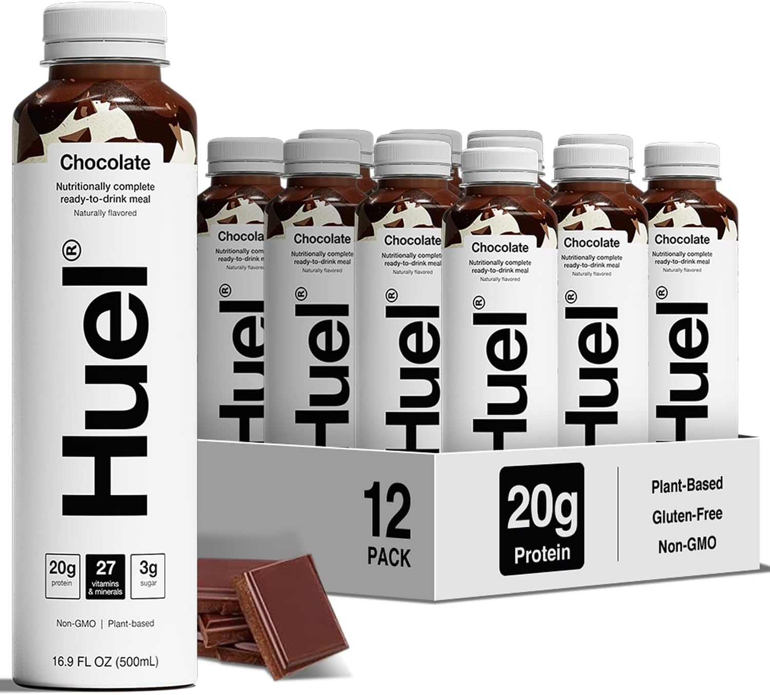 Huel Ready-to-Drink | Chocolate Meal Replacement Drink | High Protein Drink | Nutritionally Complete, Low Sugar, High Fiber, Plant Based, Vegan, Healthy | 20g Protein Per Bottle | 16.9 Fl Oz (12 Pack)
