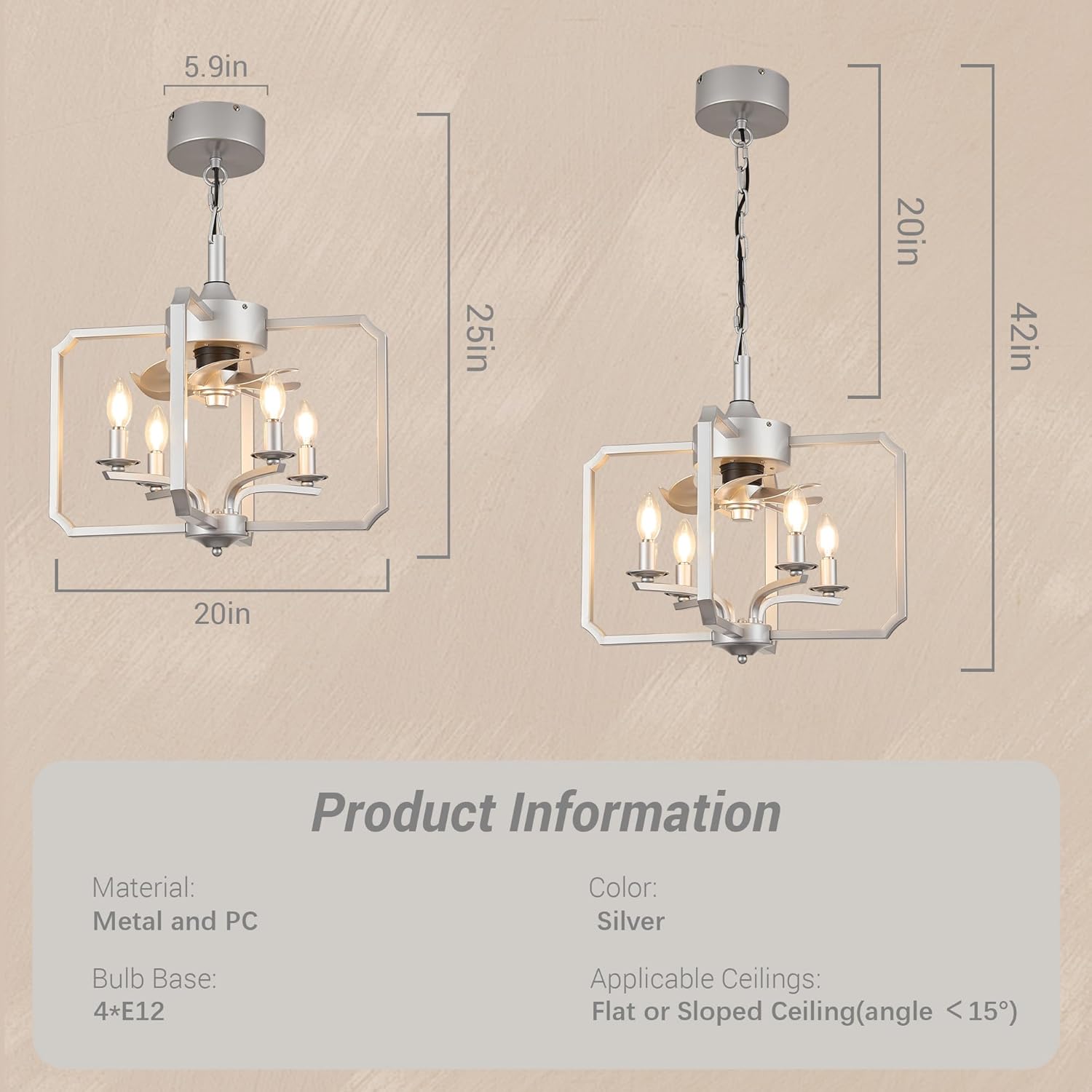 Chandelier Ceiling Fan, 20" Farmhouse Fandelier Ceiling Fans with Lights, Rustic Hanging Geometric Pendant Light Fixture for Bedroom, Dining Room, Kitchen Island, Foyer, Hallway-Silver