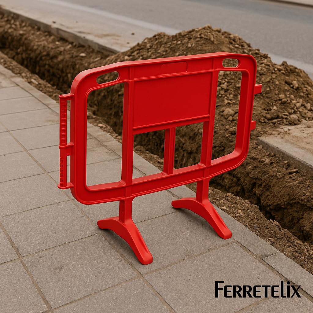 FERRETELIX® Valla plástico PVC roja 1,26 m (Kit de 3 unidades) con patas giratorias – Ligera y resistente para señalización temporal