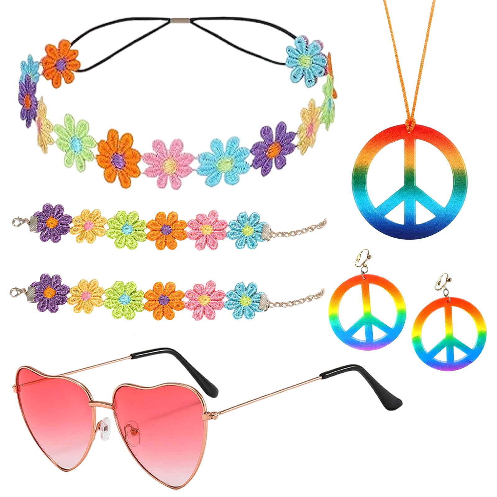 7 Pcs Hippie Accessories Set, 70s Fancy Dress Women Accessories Include Flower Crown Headband Wristband and Hippie Sunglasses