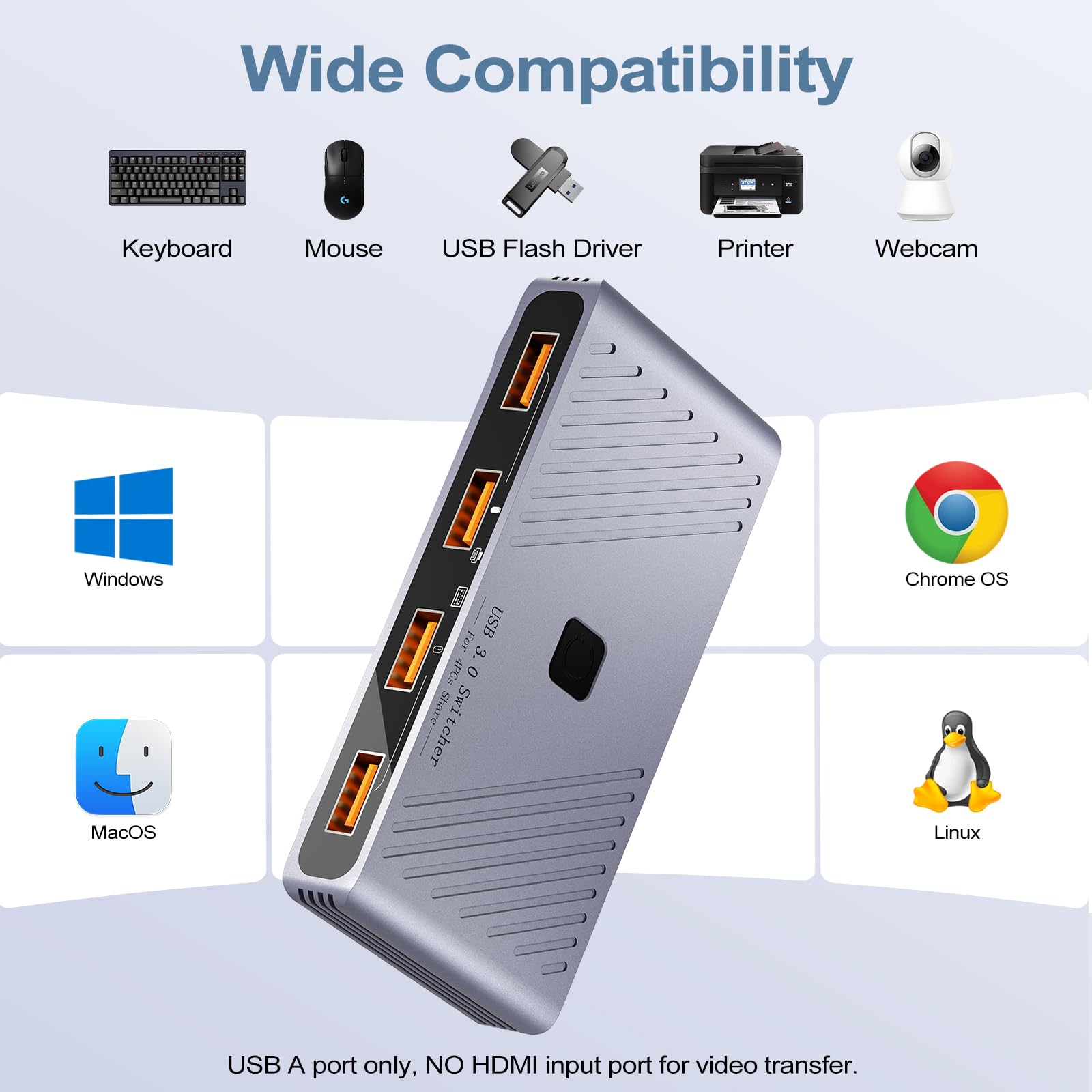 USB-3.0-Schalter, 4 Computer, 4 USB-Geräte, Ein-Knopf-Schalter für Tastatur, Maus, Drucker, Scanner, USB-Peripherie-Sharing-Hub für PC, Laptop mit 2 USB-3.0-Kabeln, Gehäuse aus Aluminiumlegierung