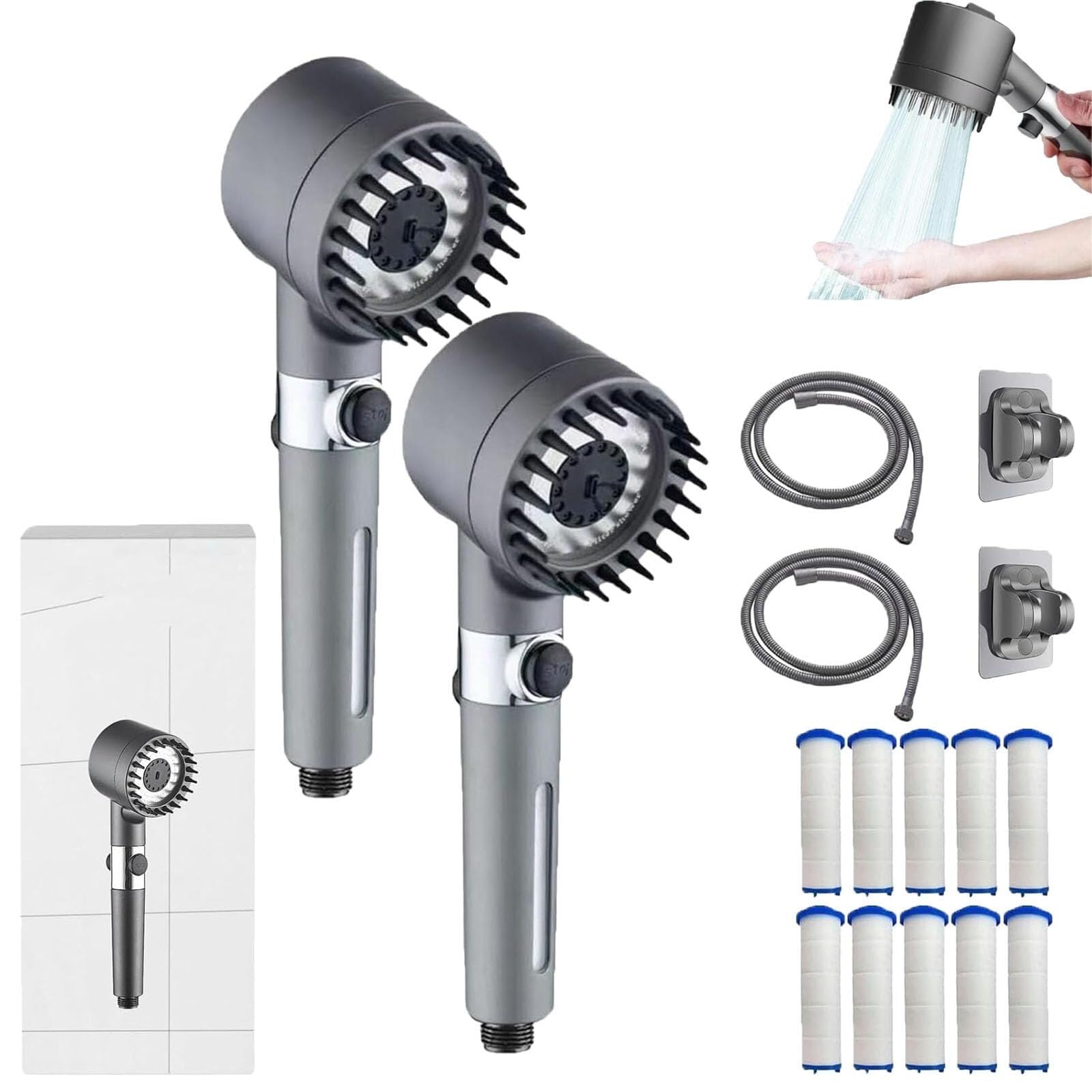 Soffione doccia con filtro visivo portatile, soffione doccia regolabile a tre modalità, con tubo flessibile da 1,5 m, base anti-perforazione, 5 filtri in cotone(2 set)